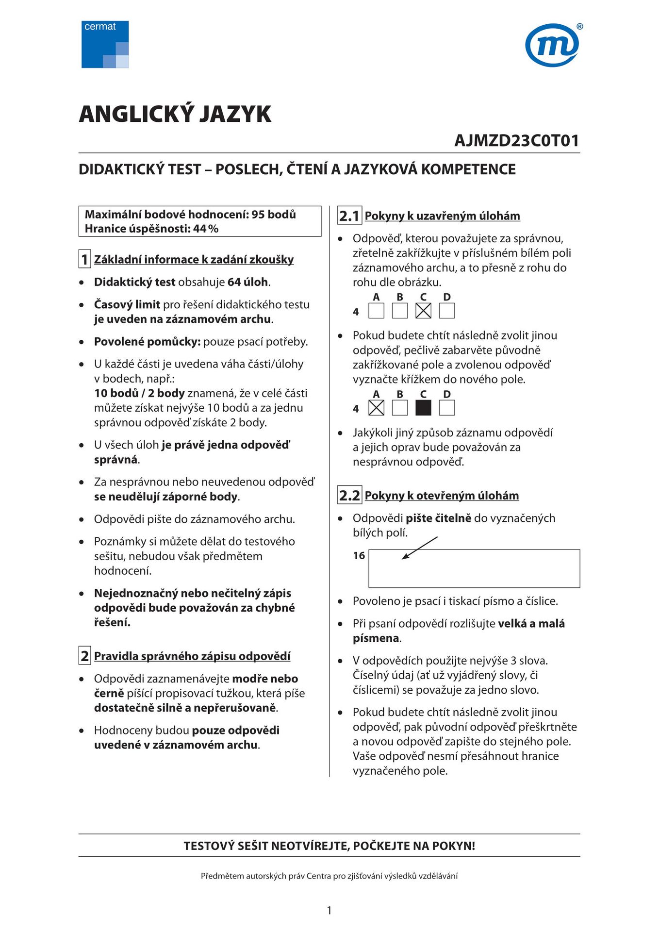 maturita-anglictina-jaro-2023-test-01 - Maturita z anglického jazyka 2023 (1/16)