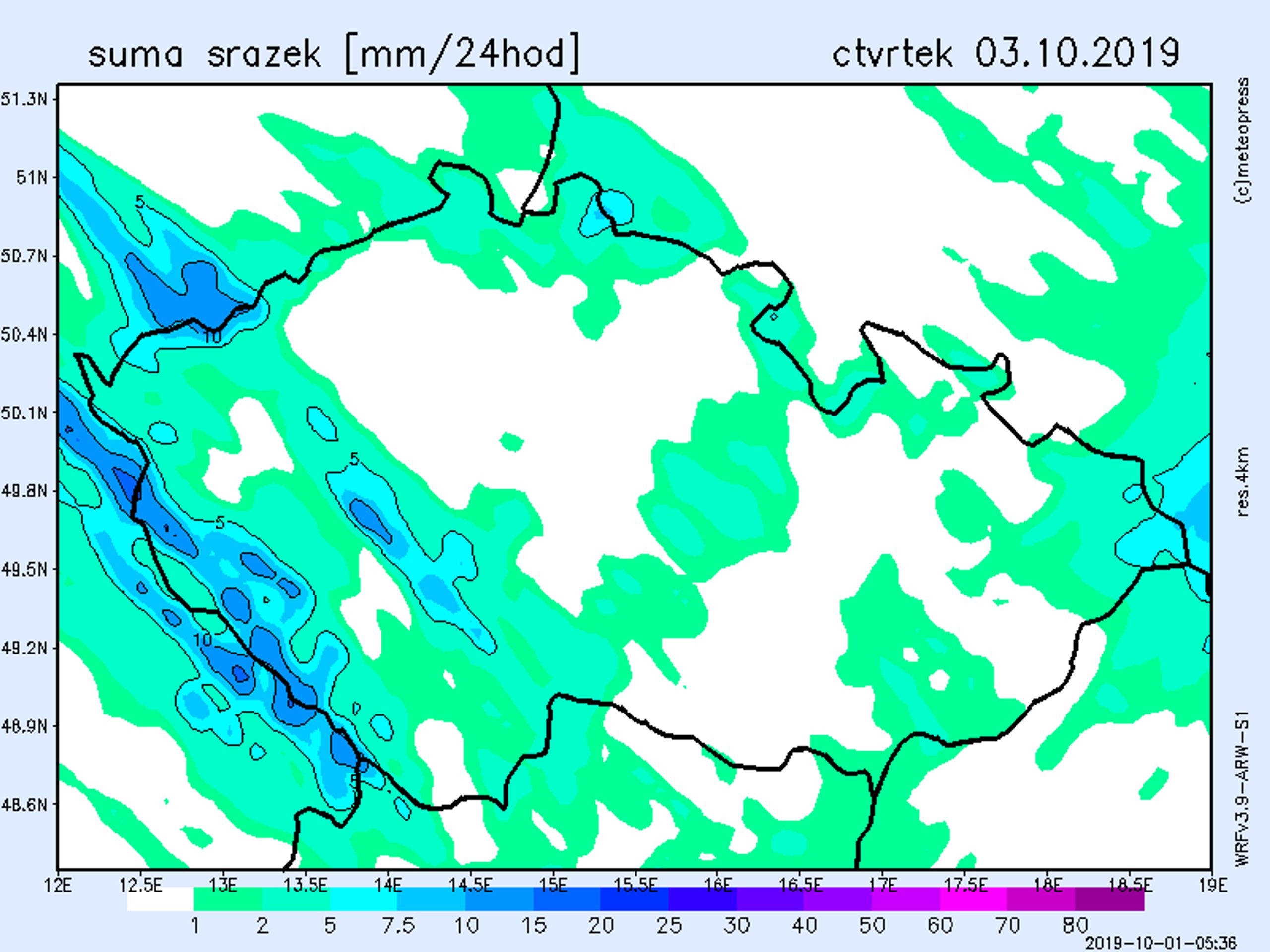 Srážková mapa - čtvrtek 3. 10. 2019 - GALERIE: Srážkové mapy (3/4)