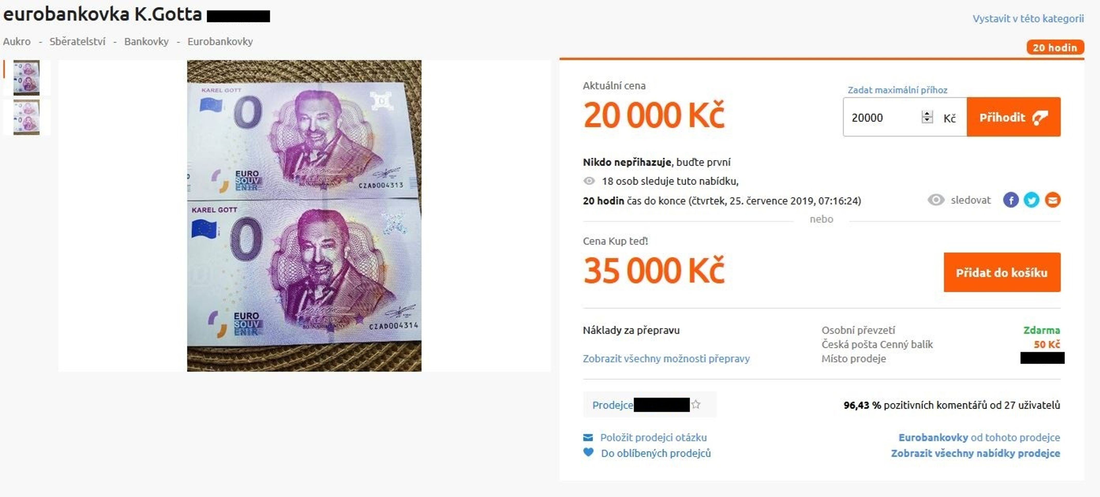 Bankovky s Karlem Gottem se prodávají za desítky tisíc - 6 - GALERIE: Výběr nejdražších inzerátů bankovek s Karlem Gottem (6/6)