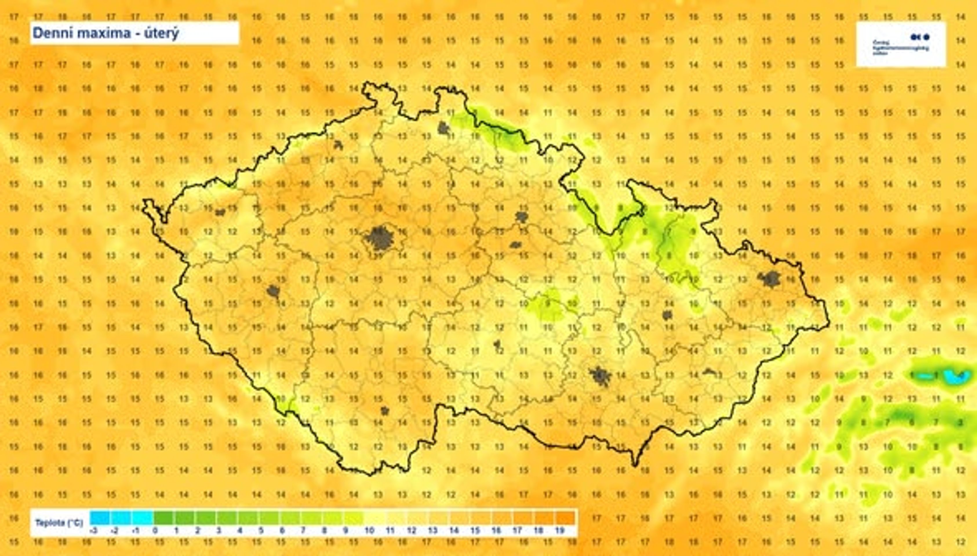 Denní maxima - úterý - Předpověď počasí (3/3)