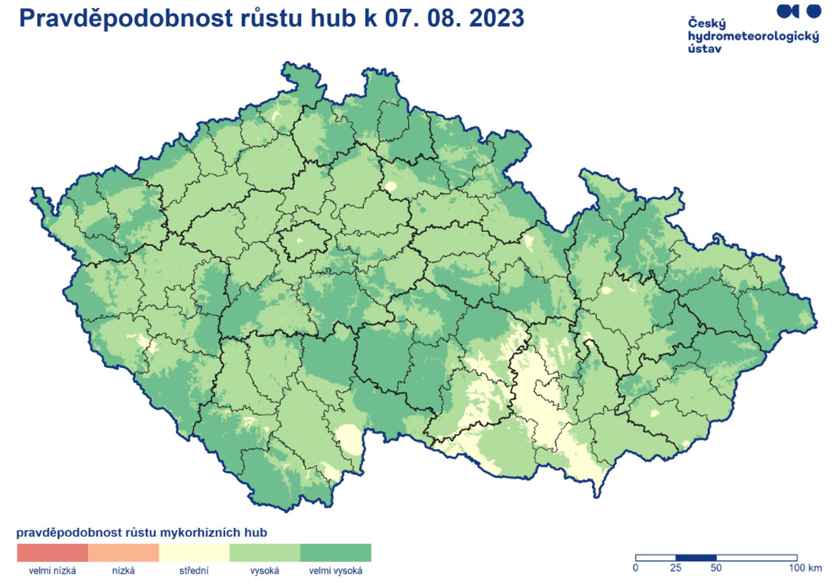 MAPA pravděpodobnost růstu hub, 7. 8. 2023 - Lesní plodiny (1/5)