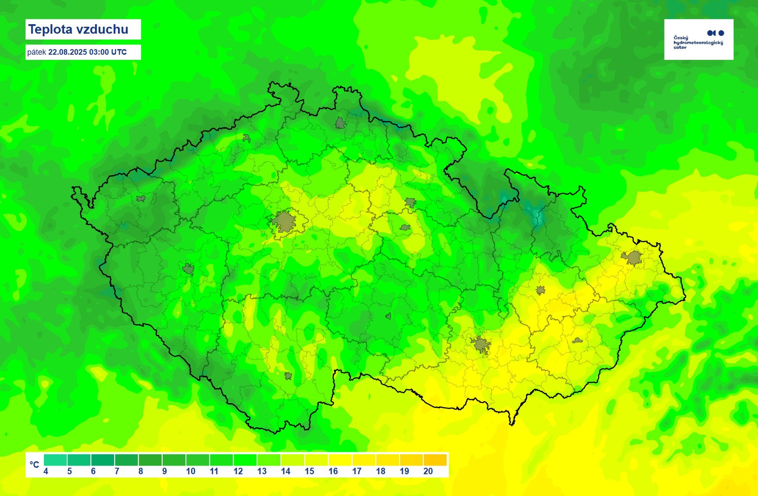 Teplota vzduchu – pátek - Počasí – pátek 22. 8. 2025 (1/3)