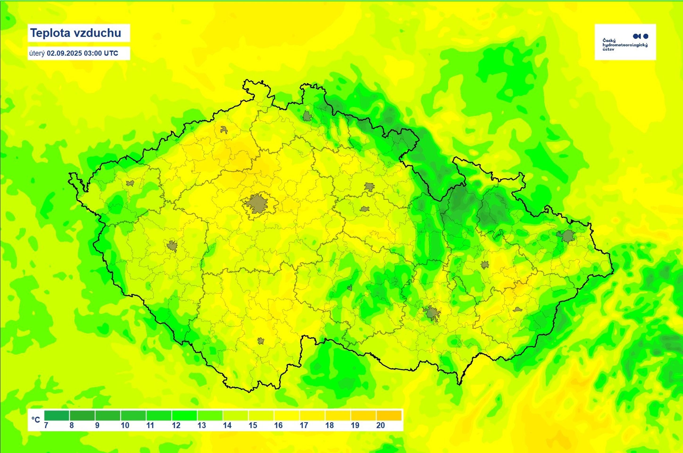 Teplota vzduchu v úterý 2. 9. 2025 ve 3:00 - Předpověď počasí (2/3)