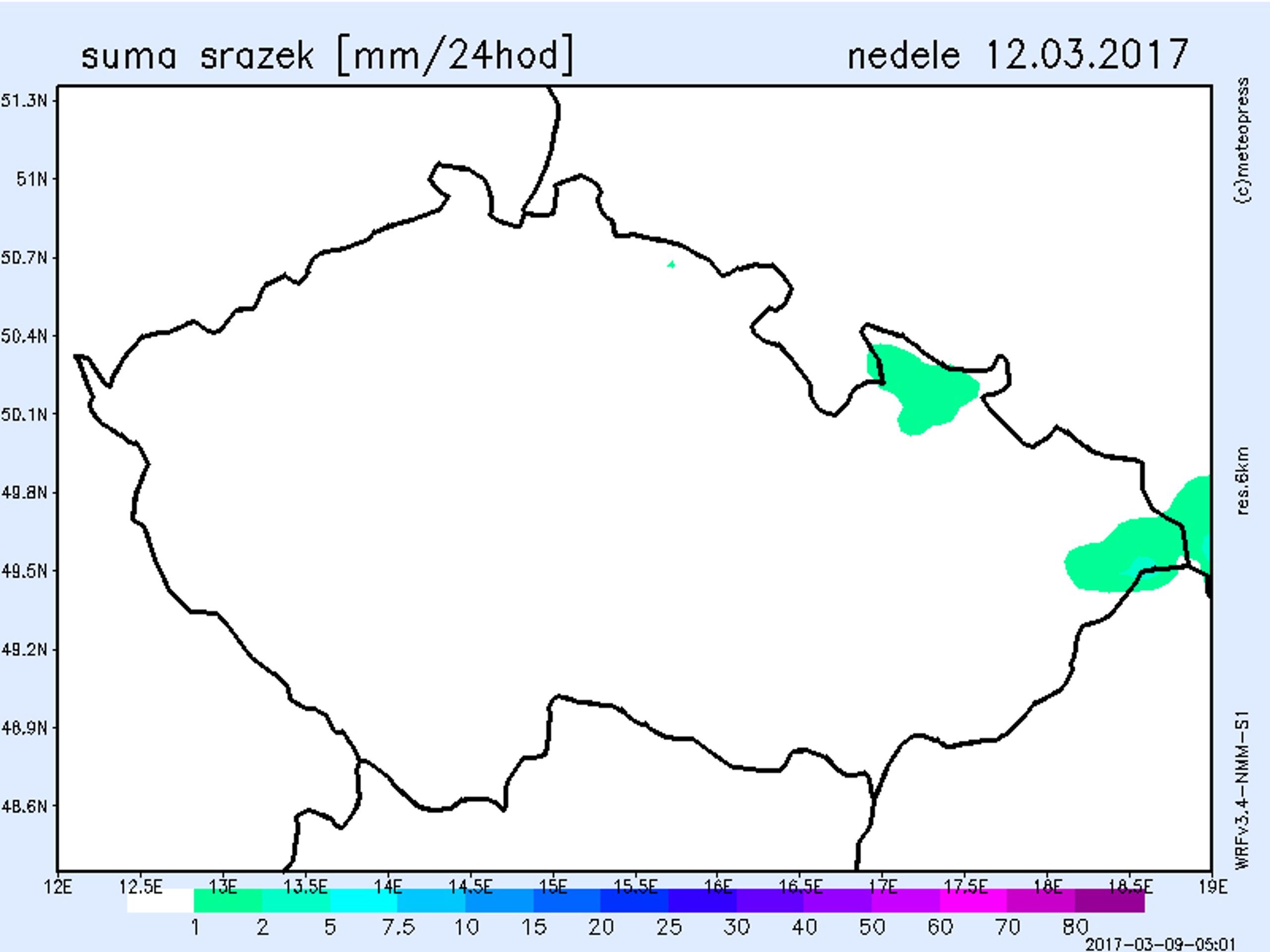 Srážková mapa - neděle - GALERIE: Mapy srážek (3/4)