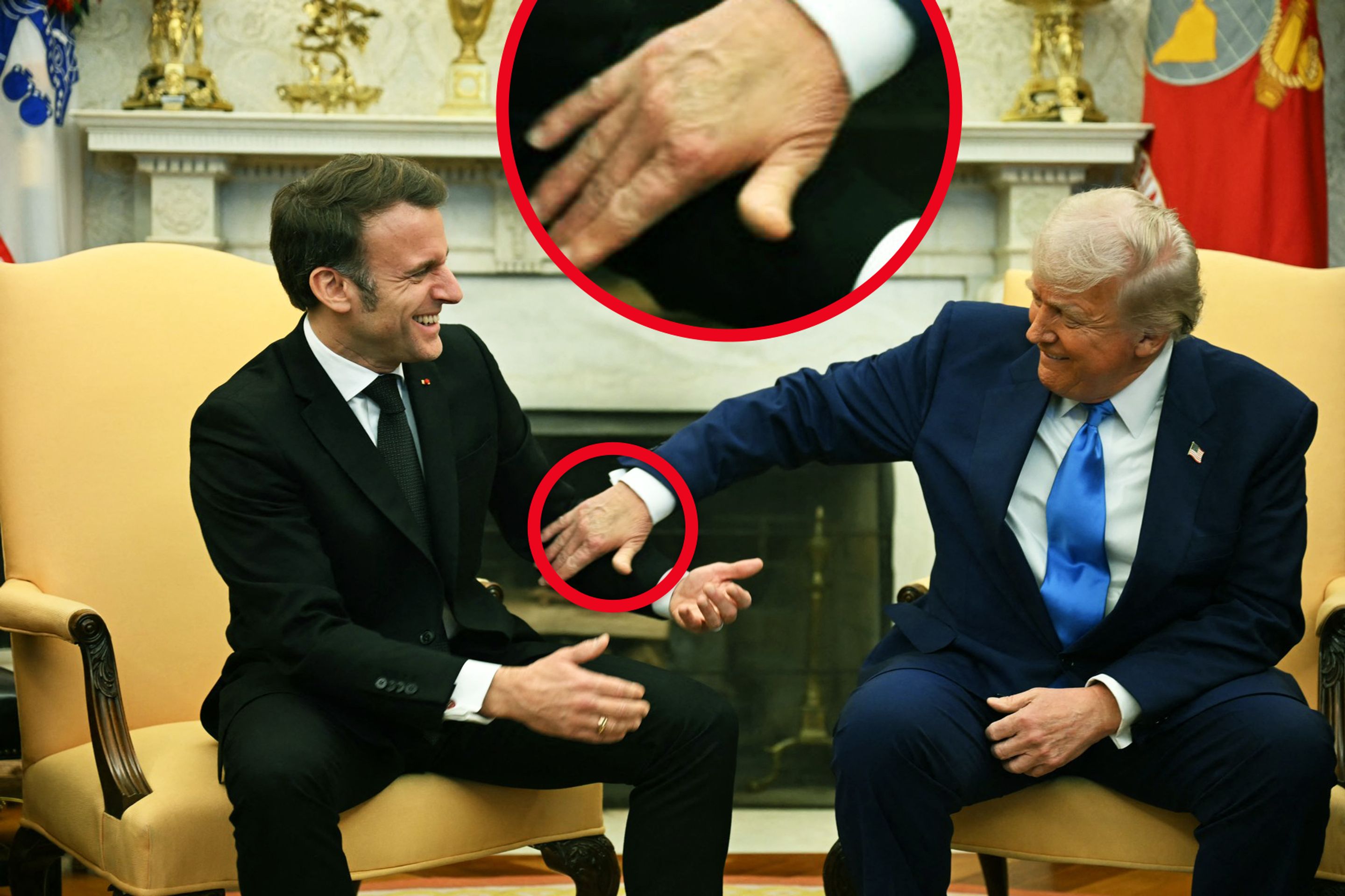 Donald Trump a Emmanuel Macron, 24. 2. 2025 (2) - Donald Trump s modřinou na ruce (3/5)