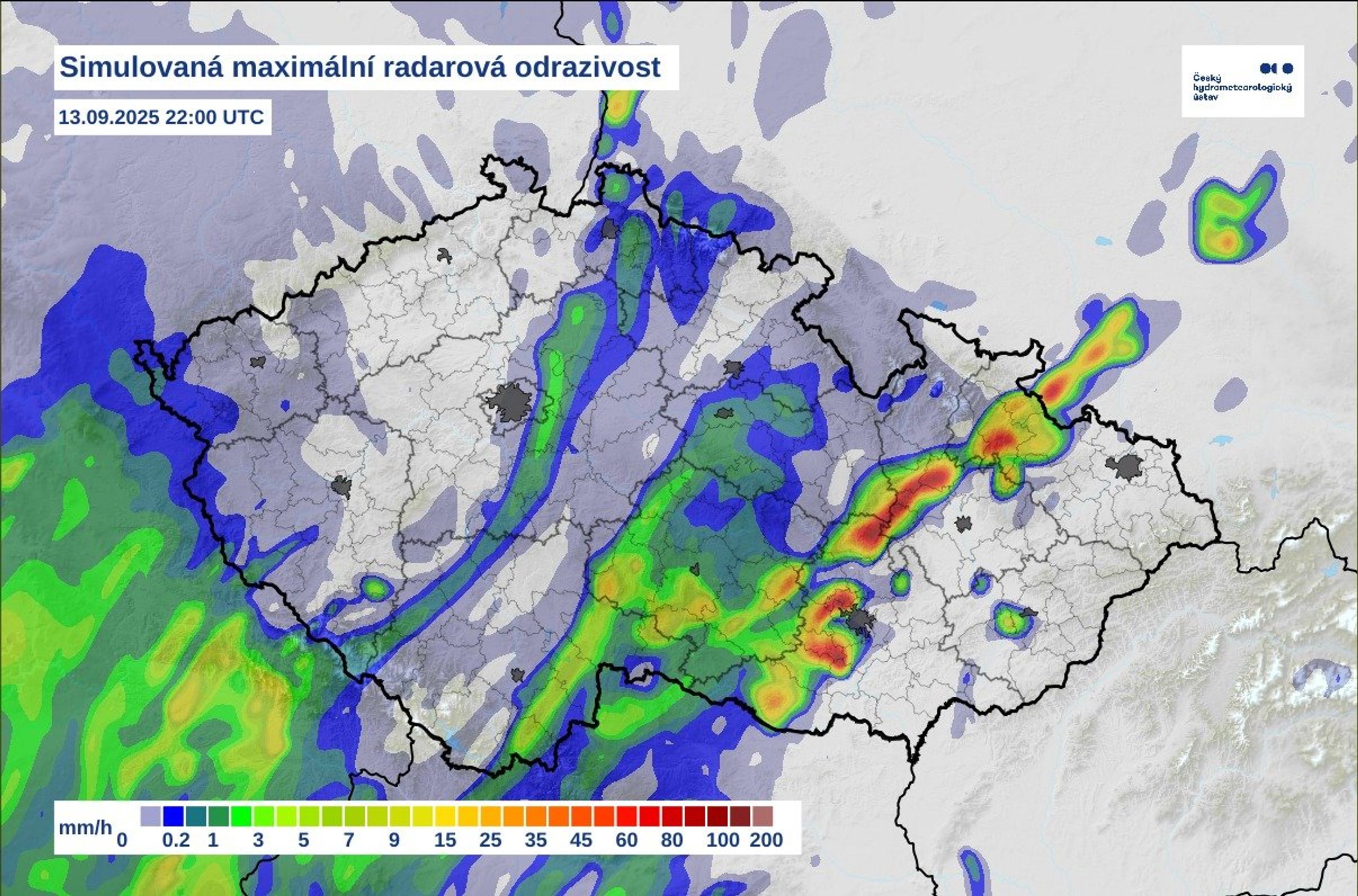 Simulovaná maximální radarová odrazivost – sobota - Předpověď ČHMÚ na víkend (3/6)