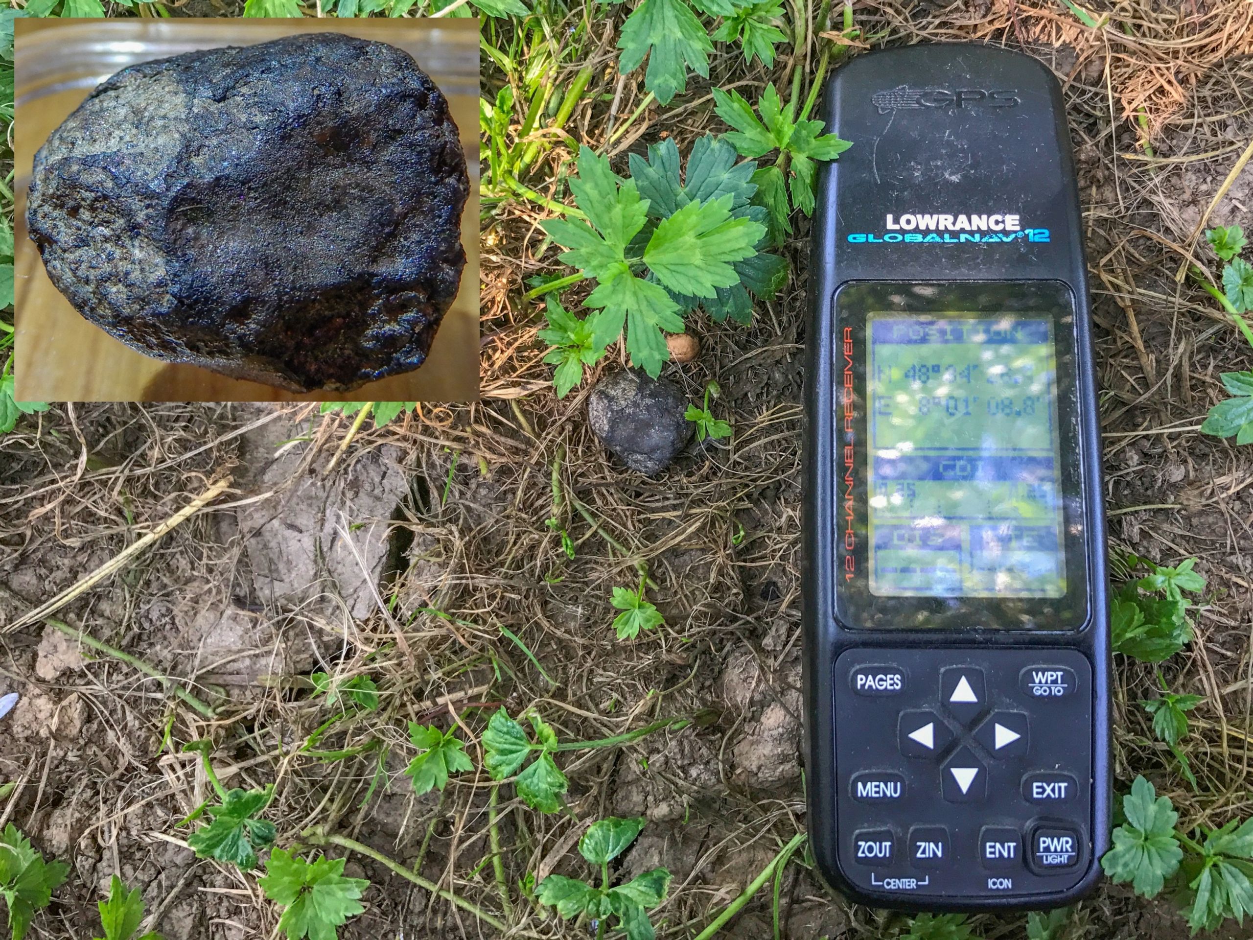 První meteorit Renchen (M1) o hmotnosti 11.9 g v nálezové pozici a s vloženým detailem. - GALERIE: Meteorit Renchen (2/5)