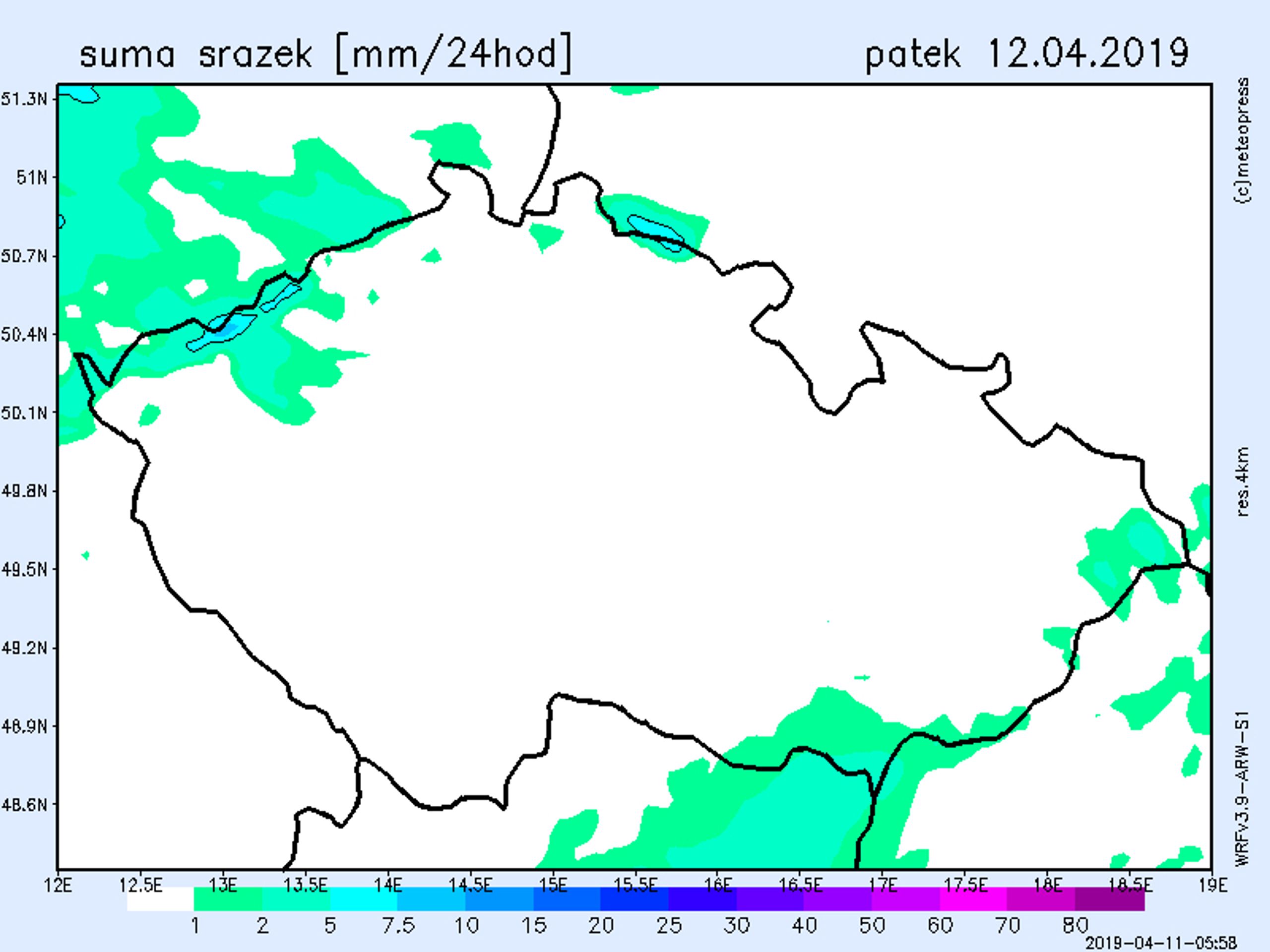 Mapa srážek 12. 4. 2019 - GALERIE: V Česku začne opět sněžit (4/6)