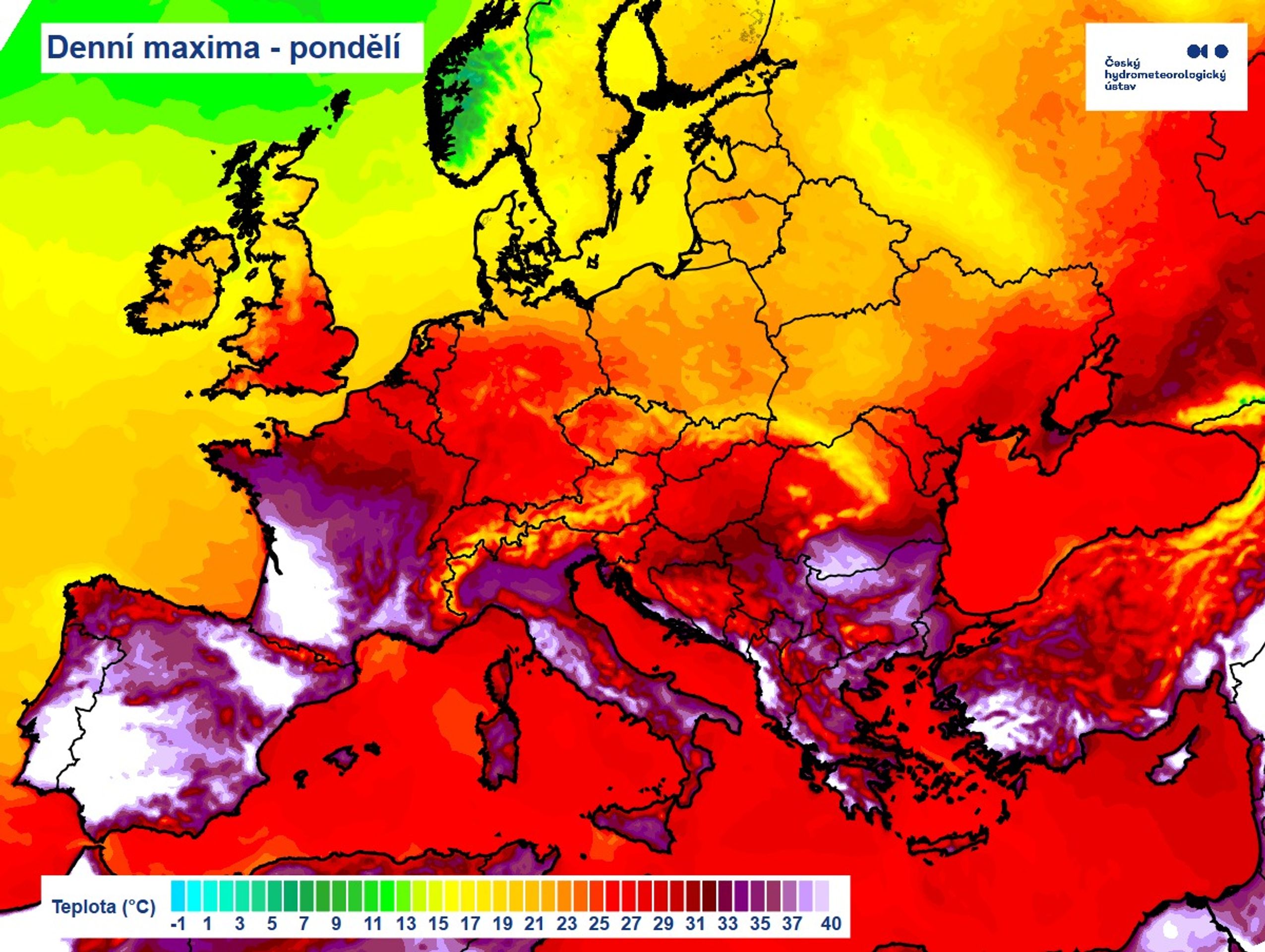 Denní maxima - pondělí - Vysoké teploty (1/4)