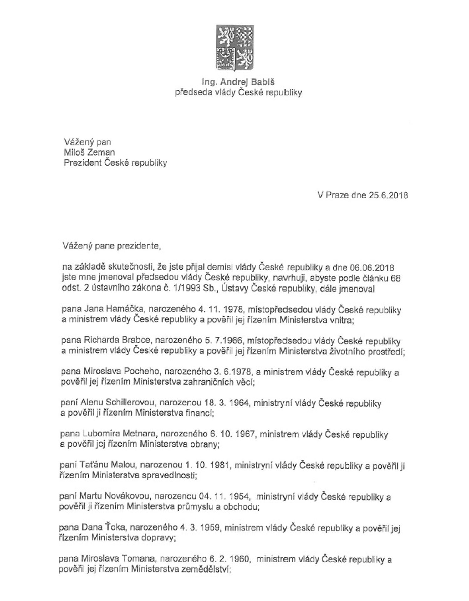 Babišův návrh na jmenování ministrů včetně Pocheho - GALERIE: Babišův dopis Zemanovi a seznam navržených ministrů (1/2)