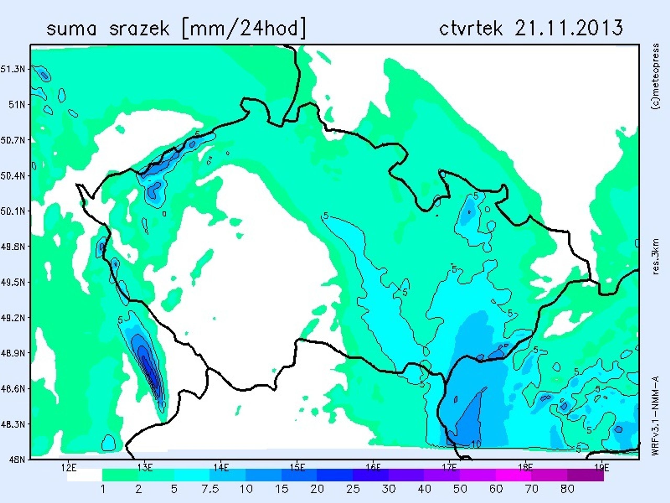 Mapa srážek na čtvrtek - GALERIE: Mapy srážek na víkend (1/4)