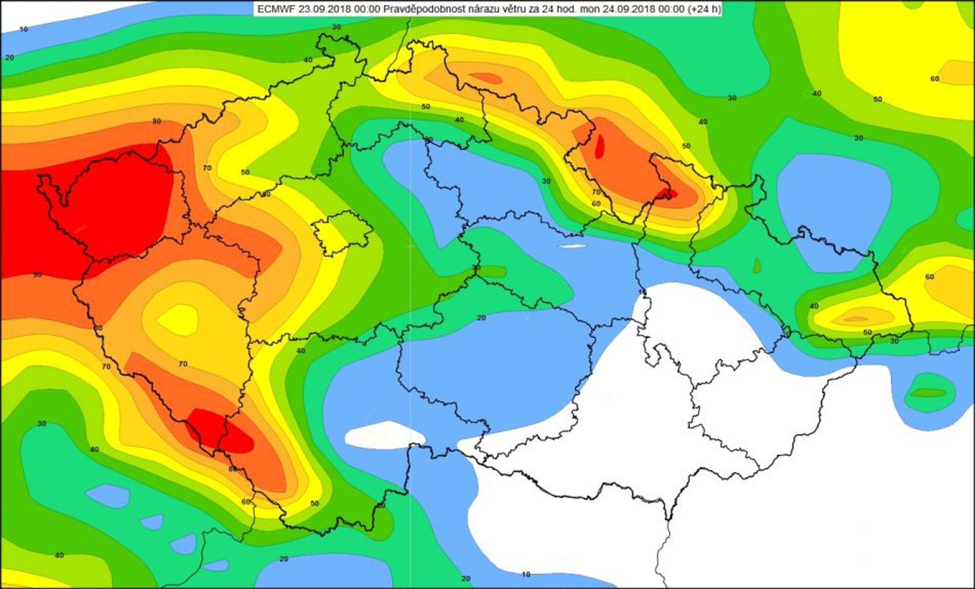 Pravděpodobnost nárazu větru nad 25 m/s od půlnoci v neděli do půlnoci v pondělí 24. září 2018 - GALERIE: Mapa pravděpodobnosti silných nárazů větru v ČR (2/4)