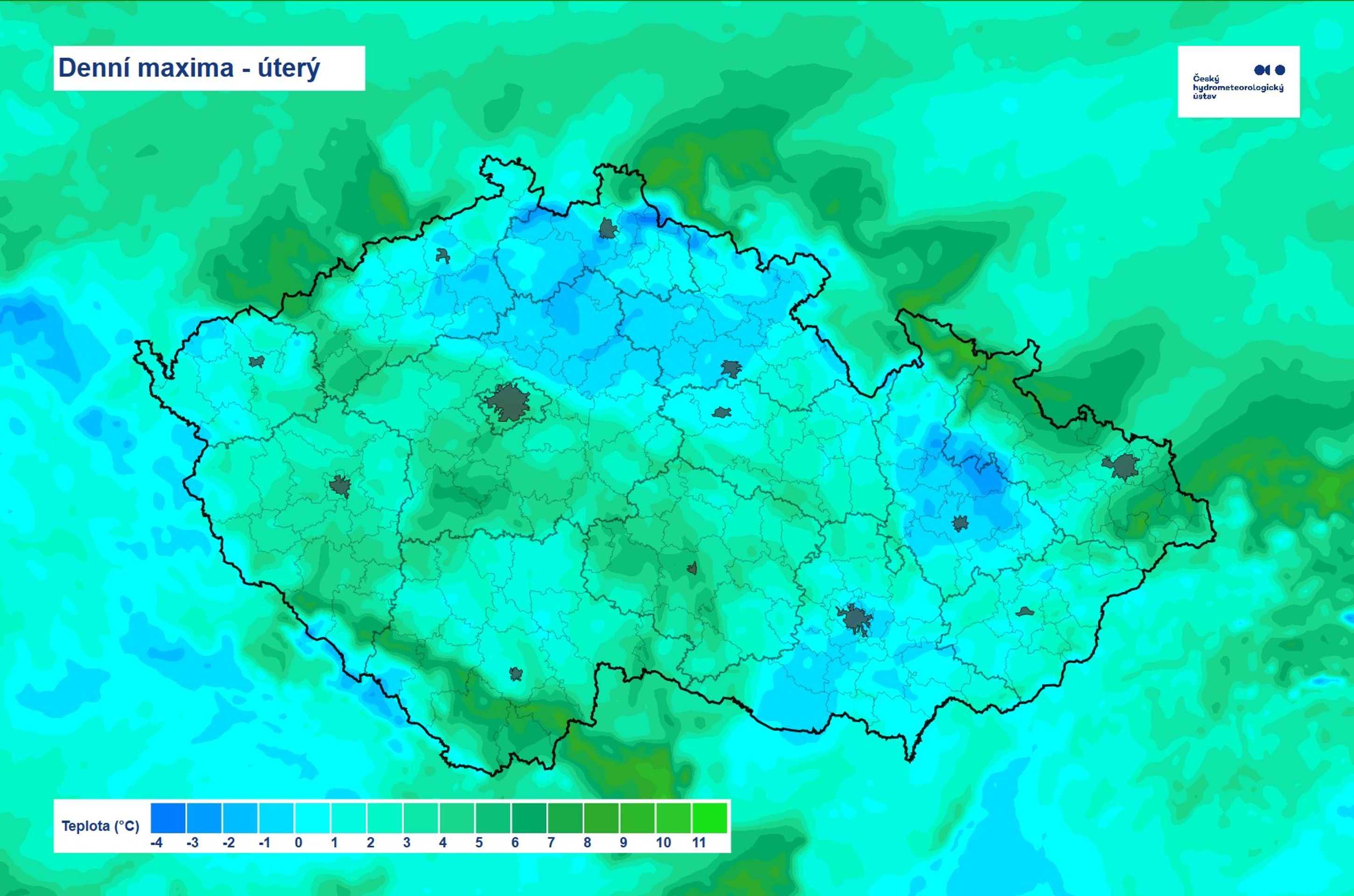 Maximální teploty v úterý 31. prosince 2024 - Počasí v pondělí 30. a úterý 31. prosince 2024 (2/4)