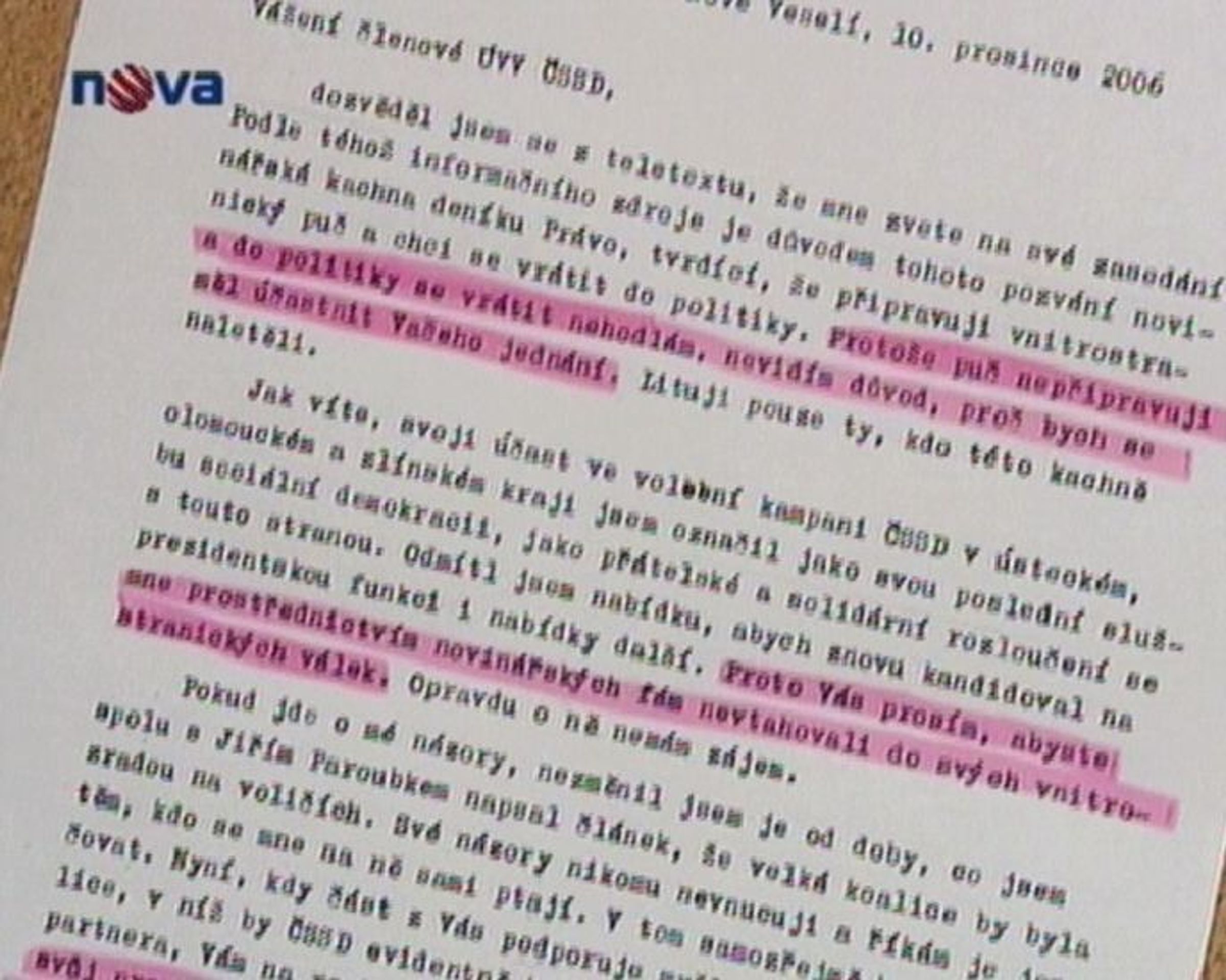 Dopis Miloše Zemana.  - Miloš Zeman: Puč v ČSSD nechystám (2/2)