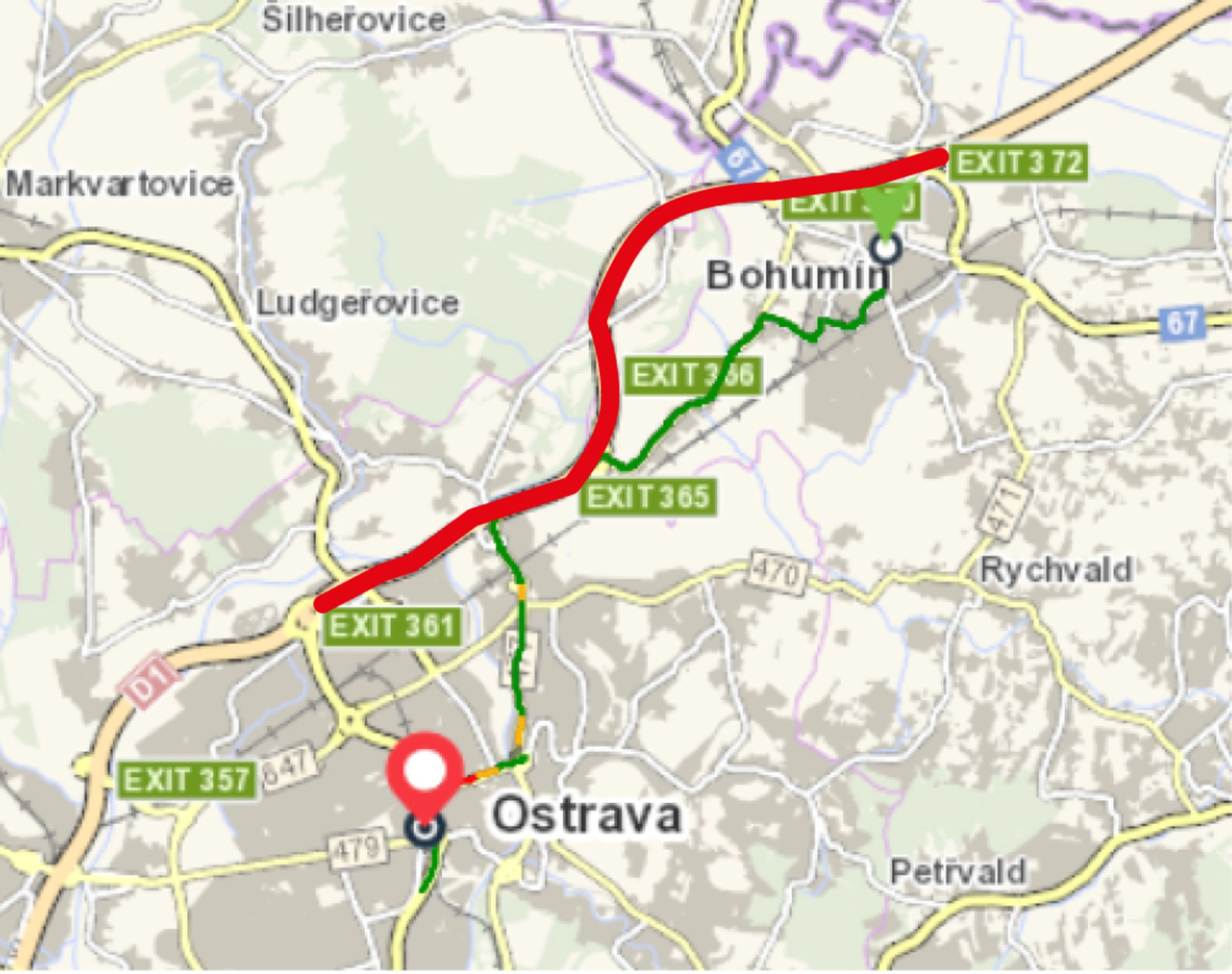 D1 Ostrava exit 361 - Bohumín exit 372 - Zablokované silnice a železnice (9/17)