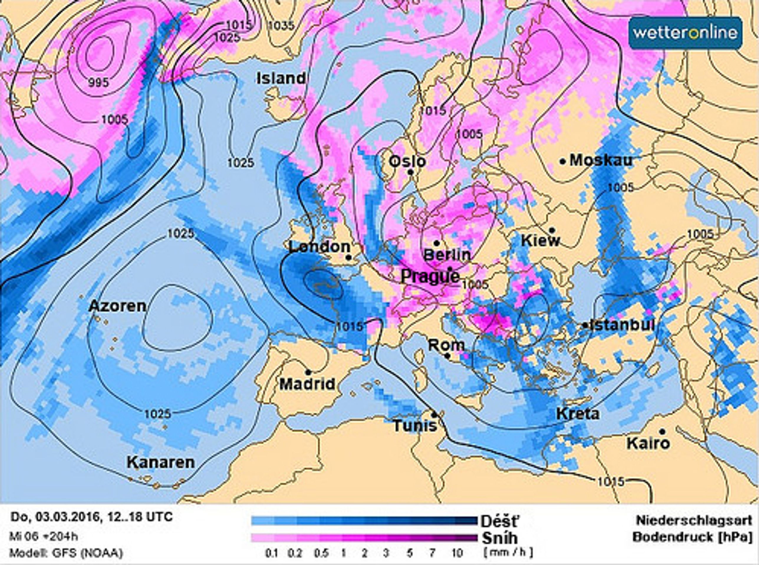 Mapa srážek - 3. 3. - GALERIE: Mapy srážek Evropa (2/3)