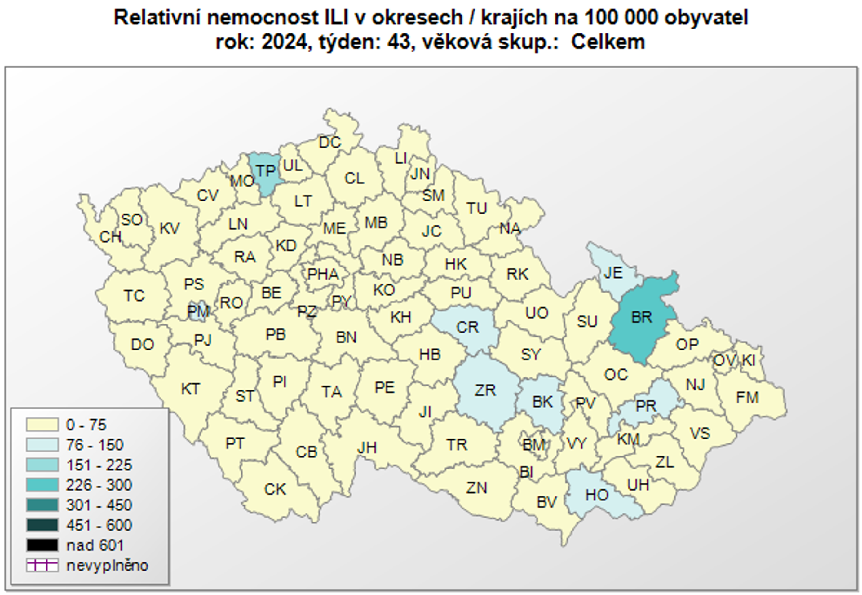 Nemocnost s chřipkovými onemocněními v okresech, 43. týden 2024 - Respirační nemoci, 43. týden 2024 (3/4)