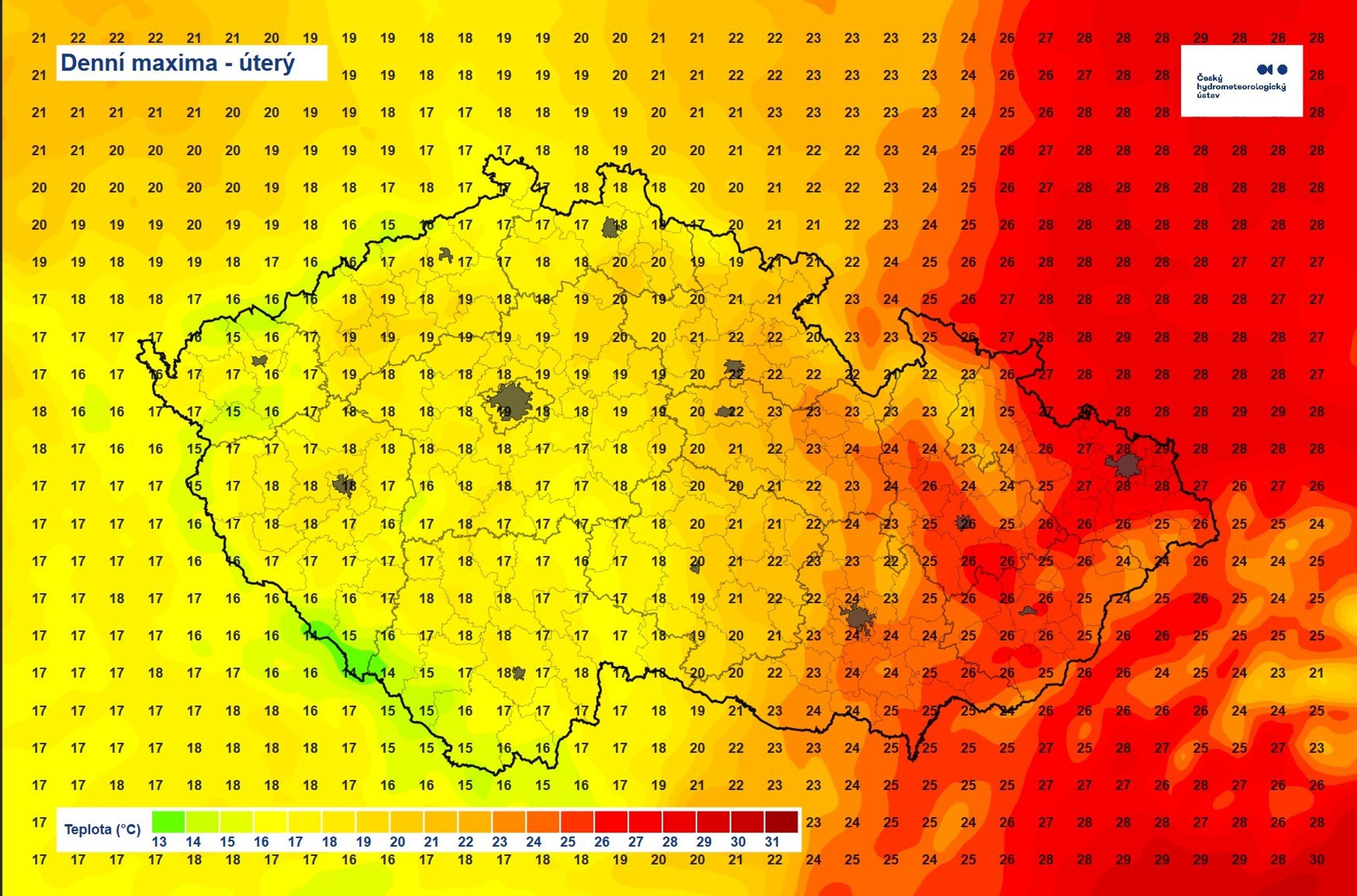 Denní maxima – úterý 2. 9. 2025 - Předpověď počasí (1/3)