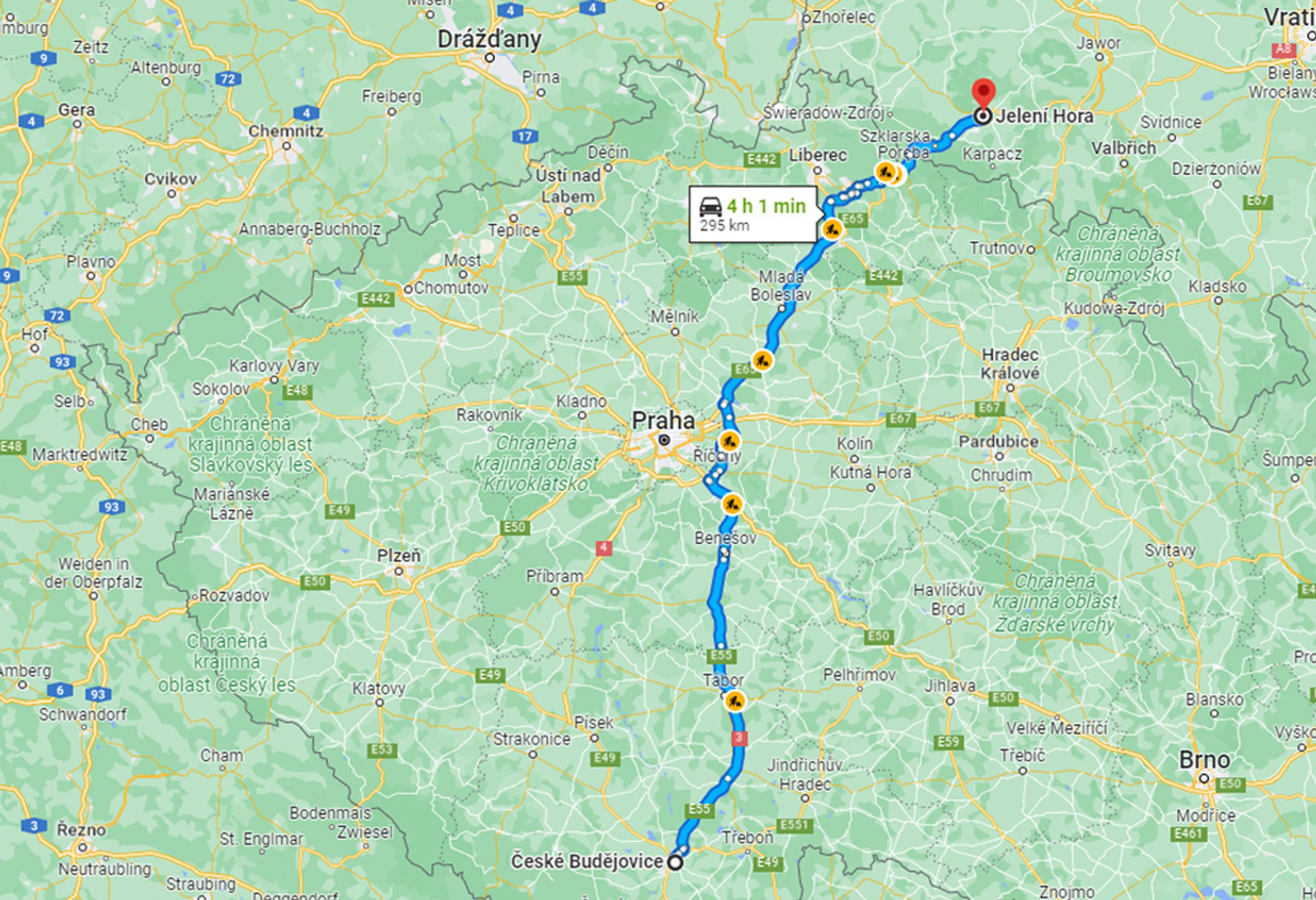 Mapa Trasa České Budějovice - Mapa - cesta do Jelení Hory (1/3)