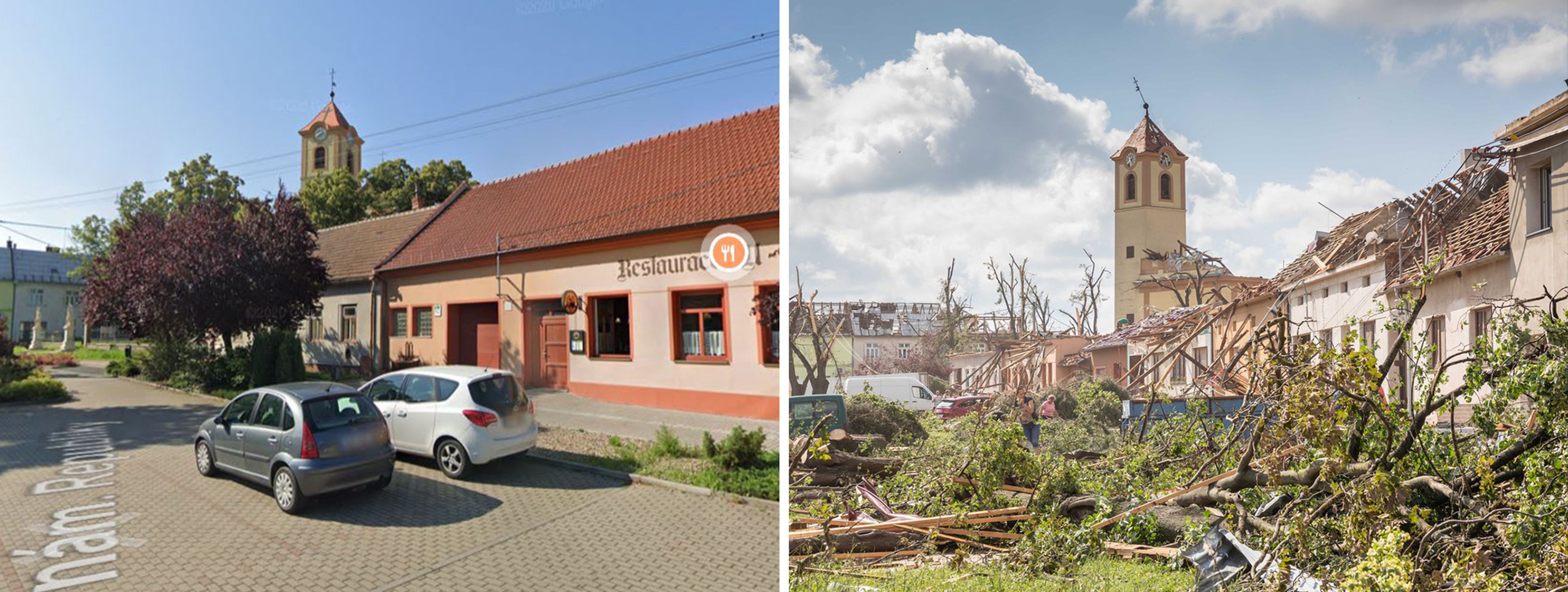 Srovnání - Tornádem zničená místa: kostel v obci Moravská Nová Ves - GALERIE: Srovnání - Tornádem zničená místa (2/13)