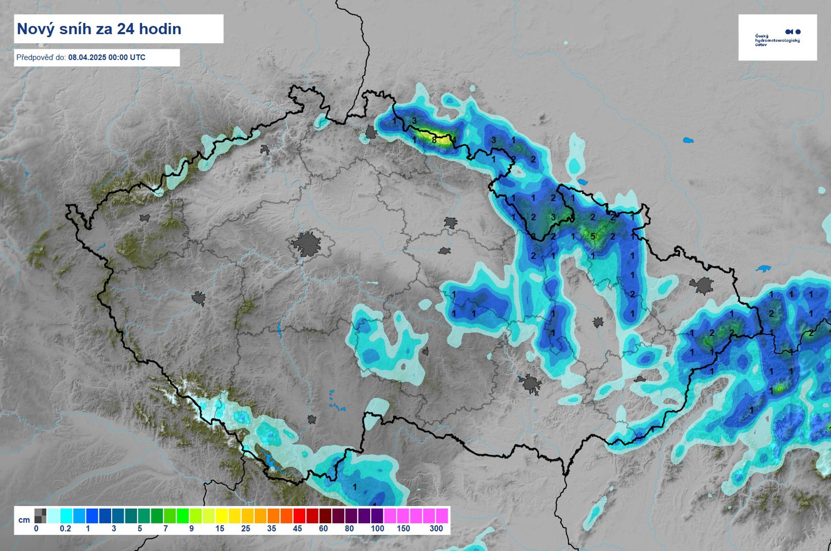 Nový sníh za 24 hodin, úterý 8. 4. 2025 - Předpověď počasí (4/4)