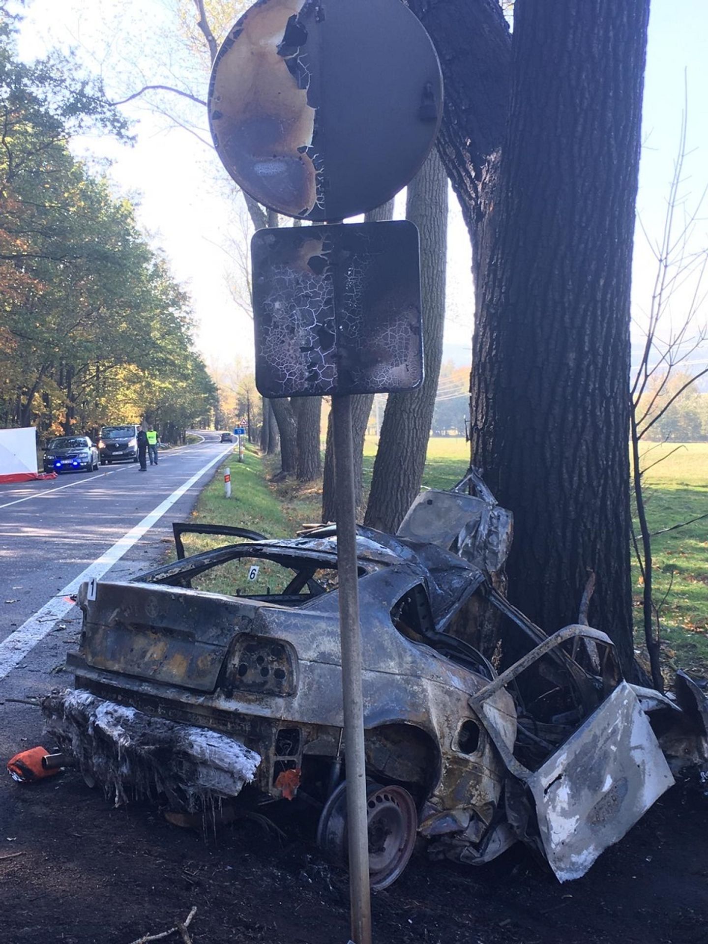 Auto po nárazu do stromu u Liberce shořelo, řidič zemřel - 1 - GALERIE: Smrtelná nehoda u Dětřichova na Liberecku (5/6)