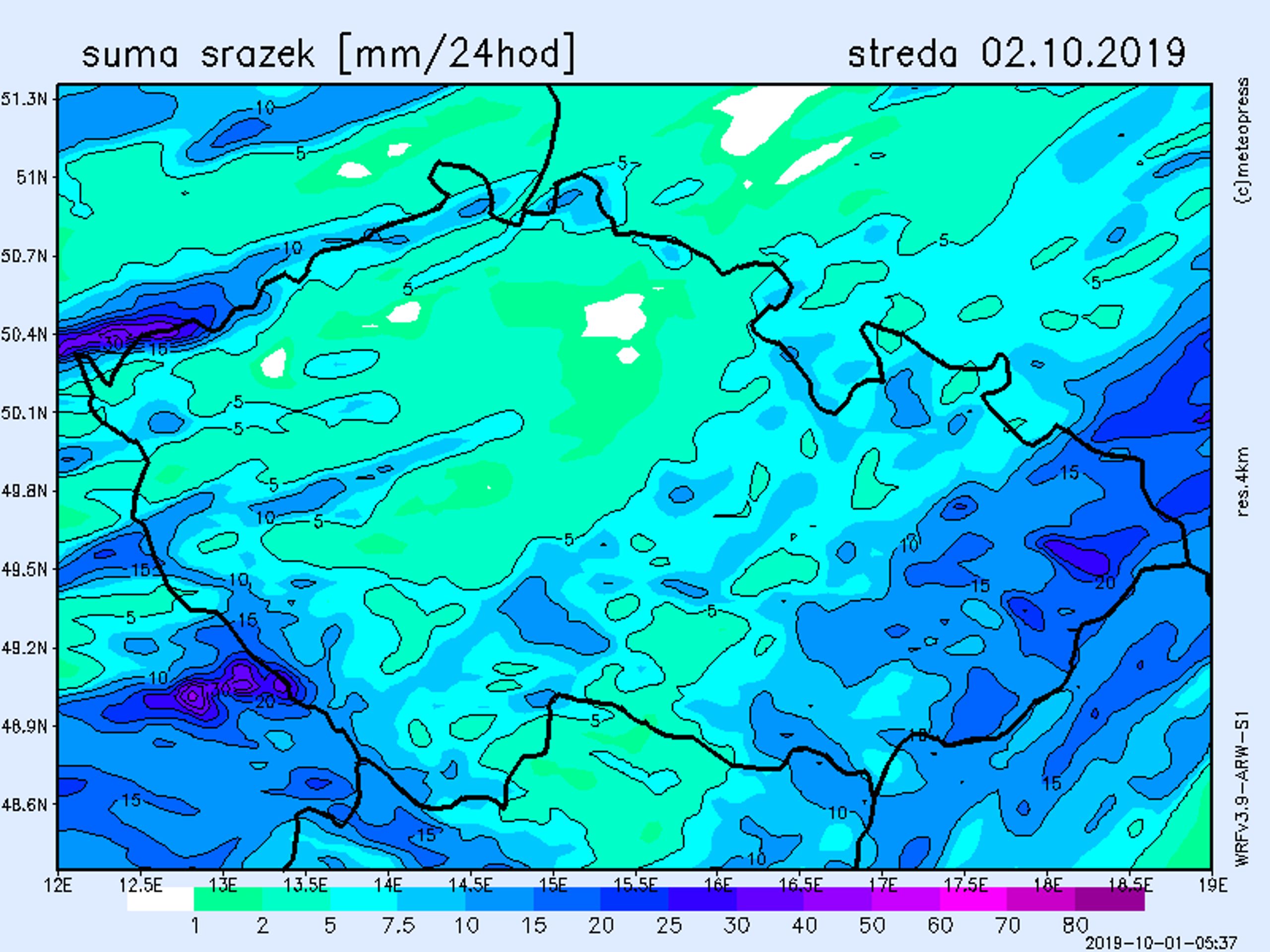 Srážková mapa - středa 2. 10. 2019 - GALERIE: Srážkové mapy (2/4)