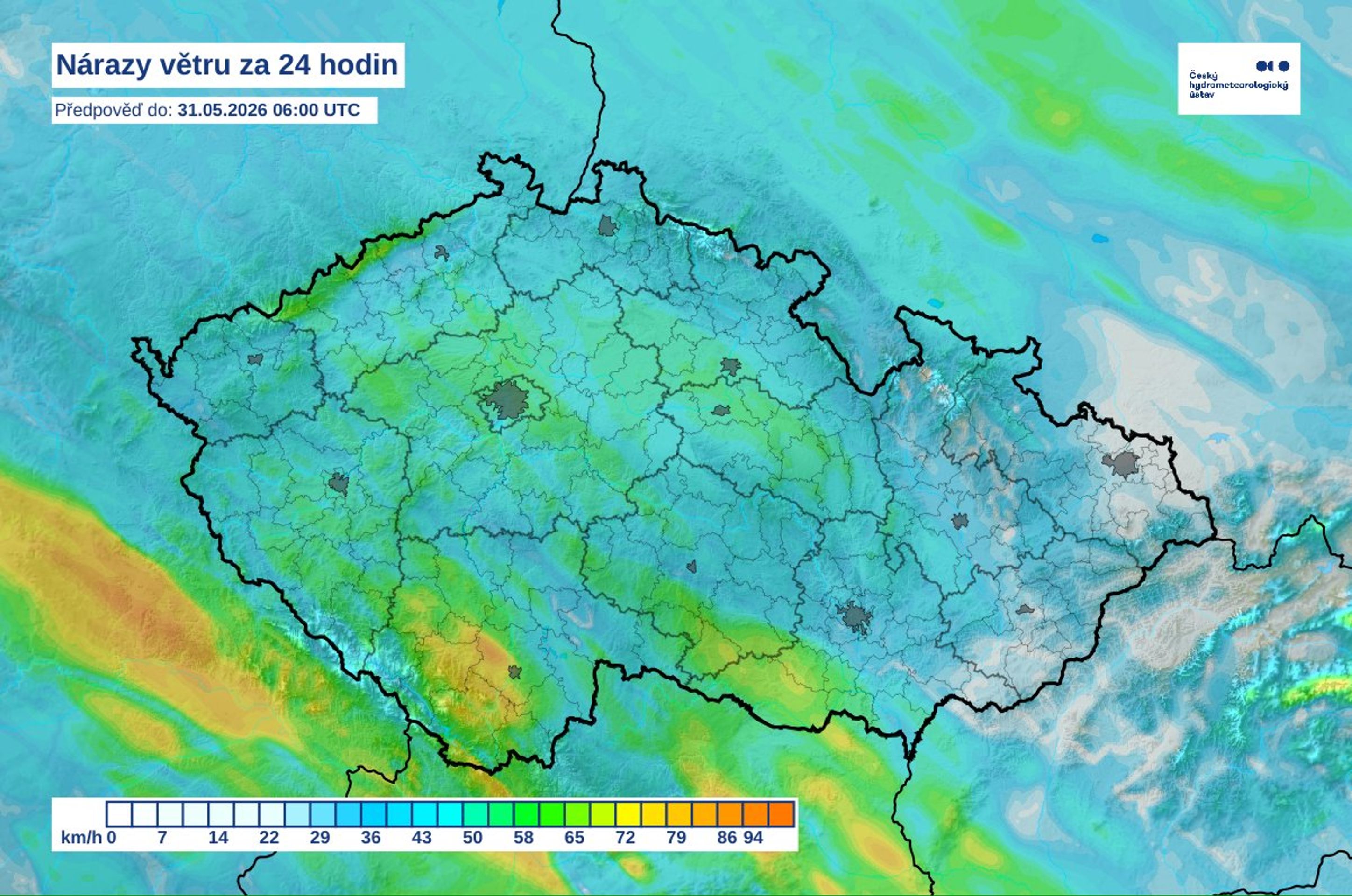 Nárazy větru za 24 hodin - Výstraha ČHMÚ (4/5)