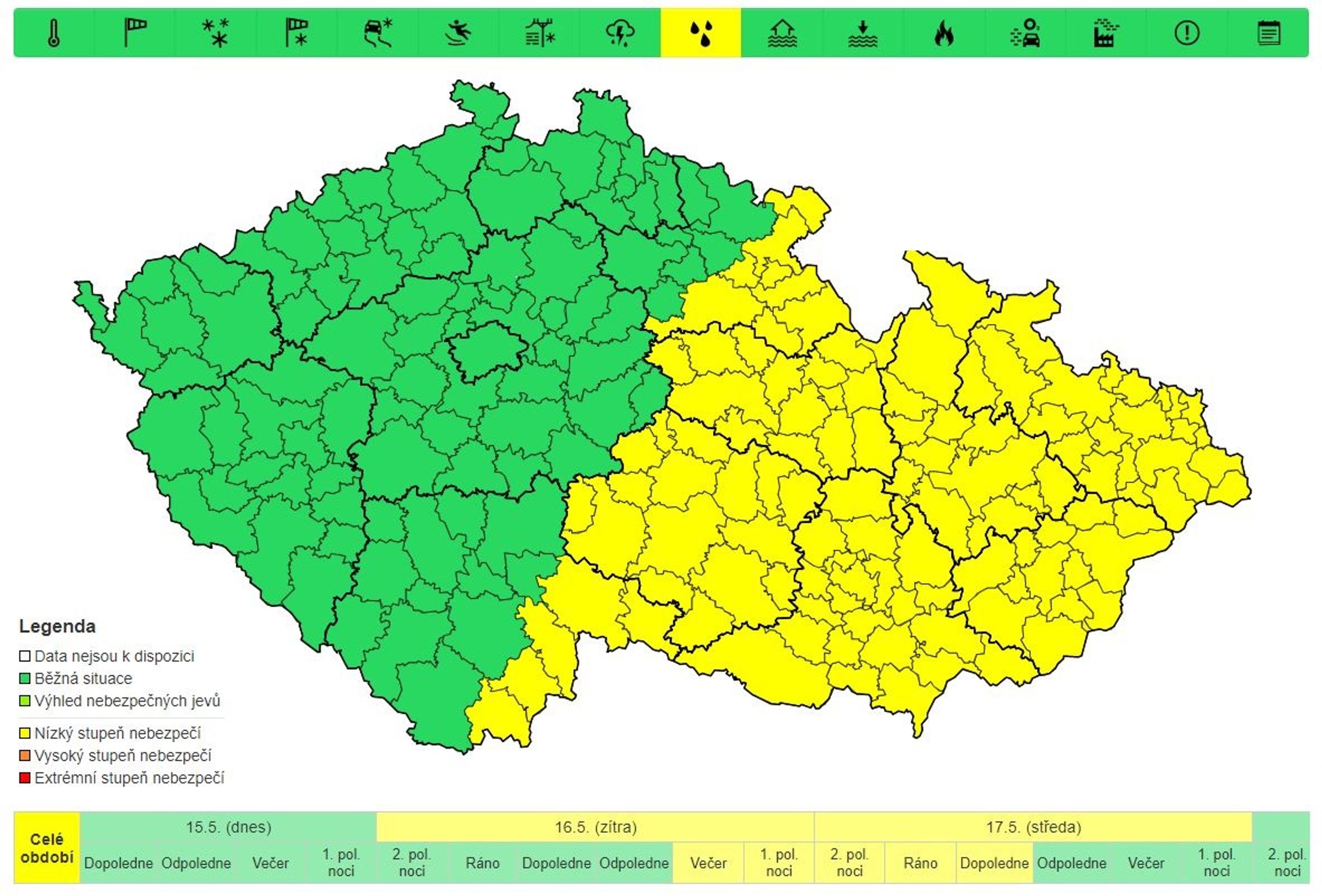 Výstraha vyhlášená 15. 5. 2023 - Výstraha a mapy srážek (1/3)