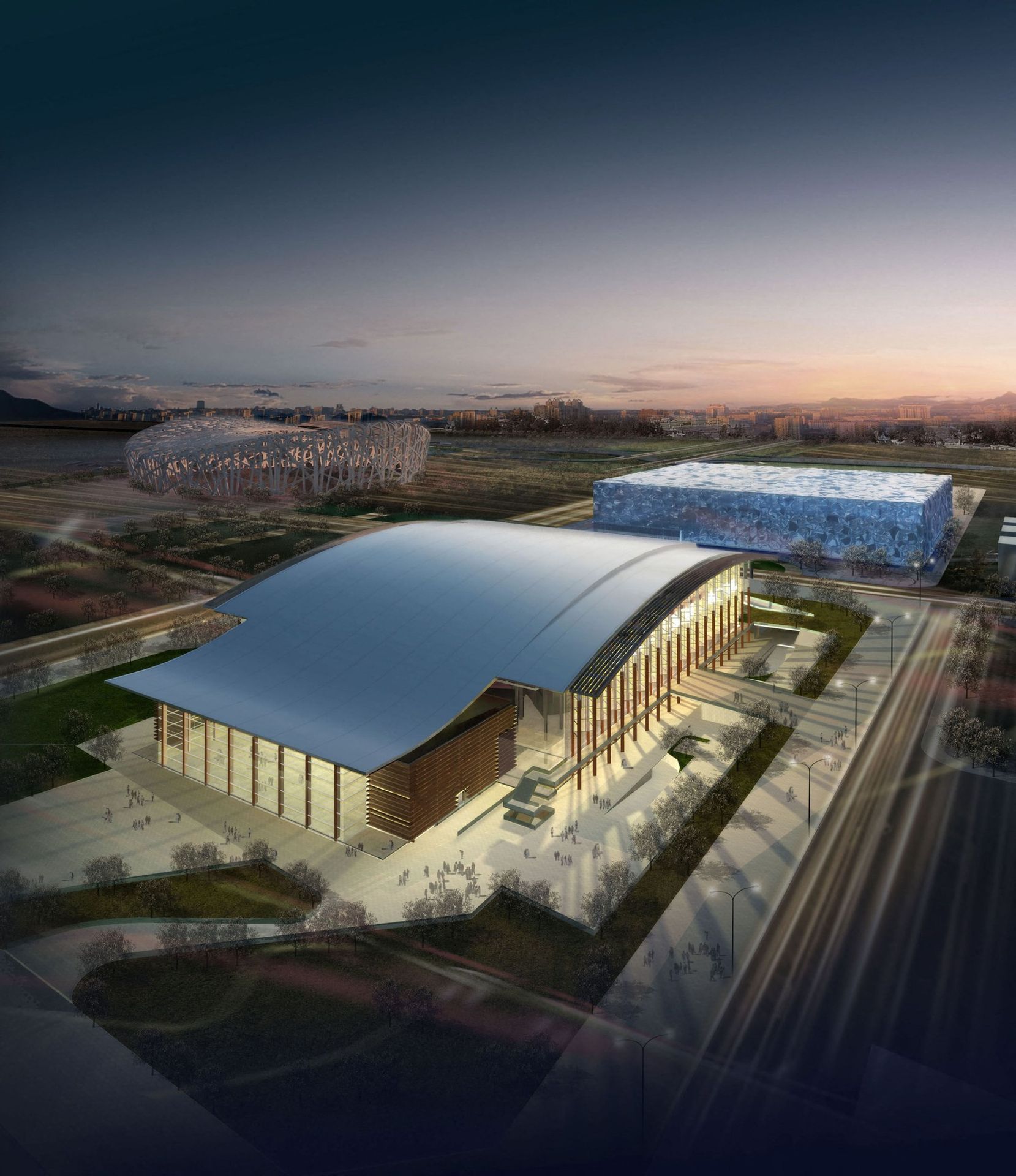 Národní stadion halových sportů (vpředu), Národní centrum vodních sportů (vpravo) a Národní stadion (vzadu) - Pekingské sportoviště pro zimní olympijské hry v Číně 2022 (7/14)