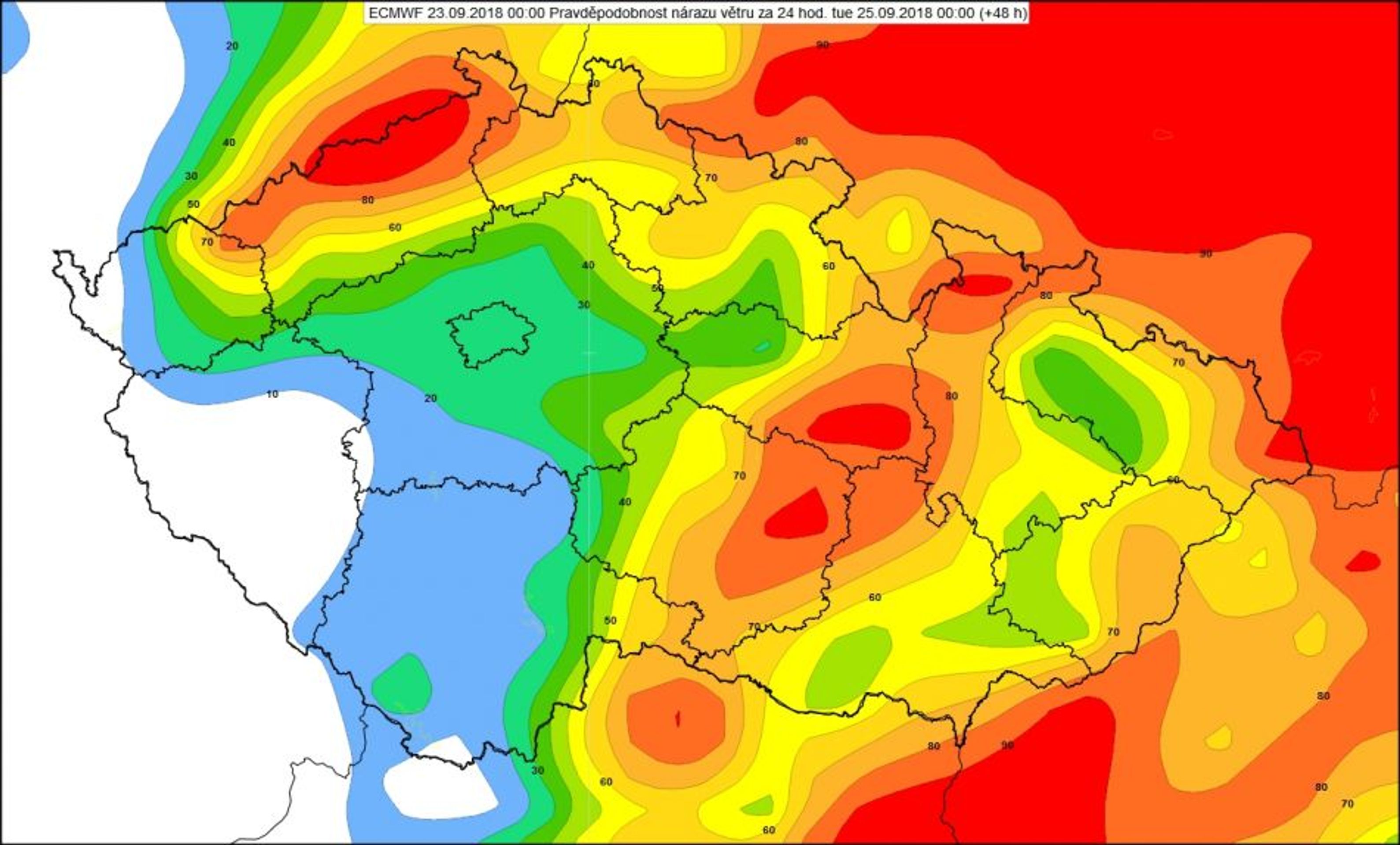Pravděpodobnost nárazu větru nad 20 m/s od půlnoci v pondělí do půlnoci v úterý 25. září 2018 - GALERIE: Mapa pravděpodobnosti silných nárazů větru v ČR (3/4)