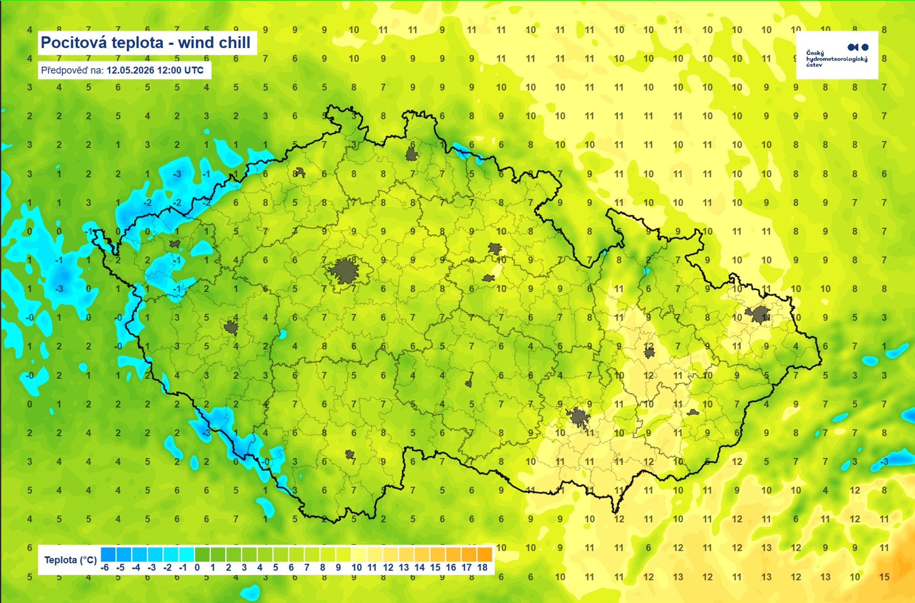 Pocitová teplota – úterý - Předpověď počasí ČHMÚ (2/3)