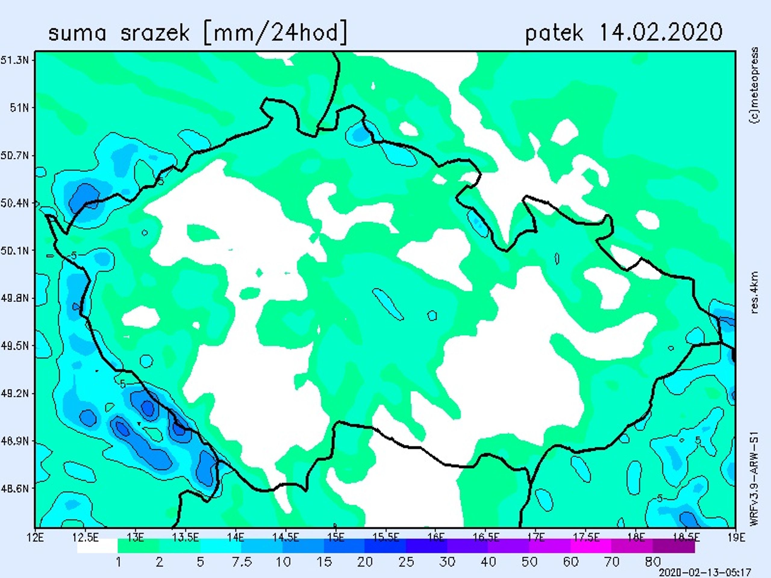 Mapa srážek - pátek 14. února - GALERIE: Srážkové mapy - čtvrtek až neděle (2/4)