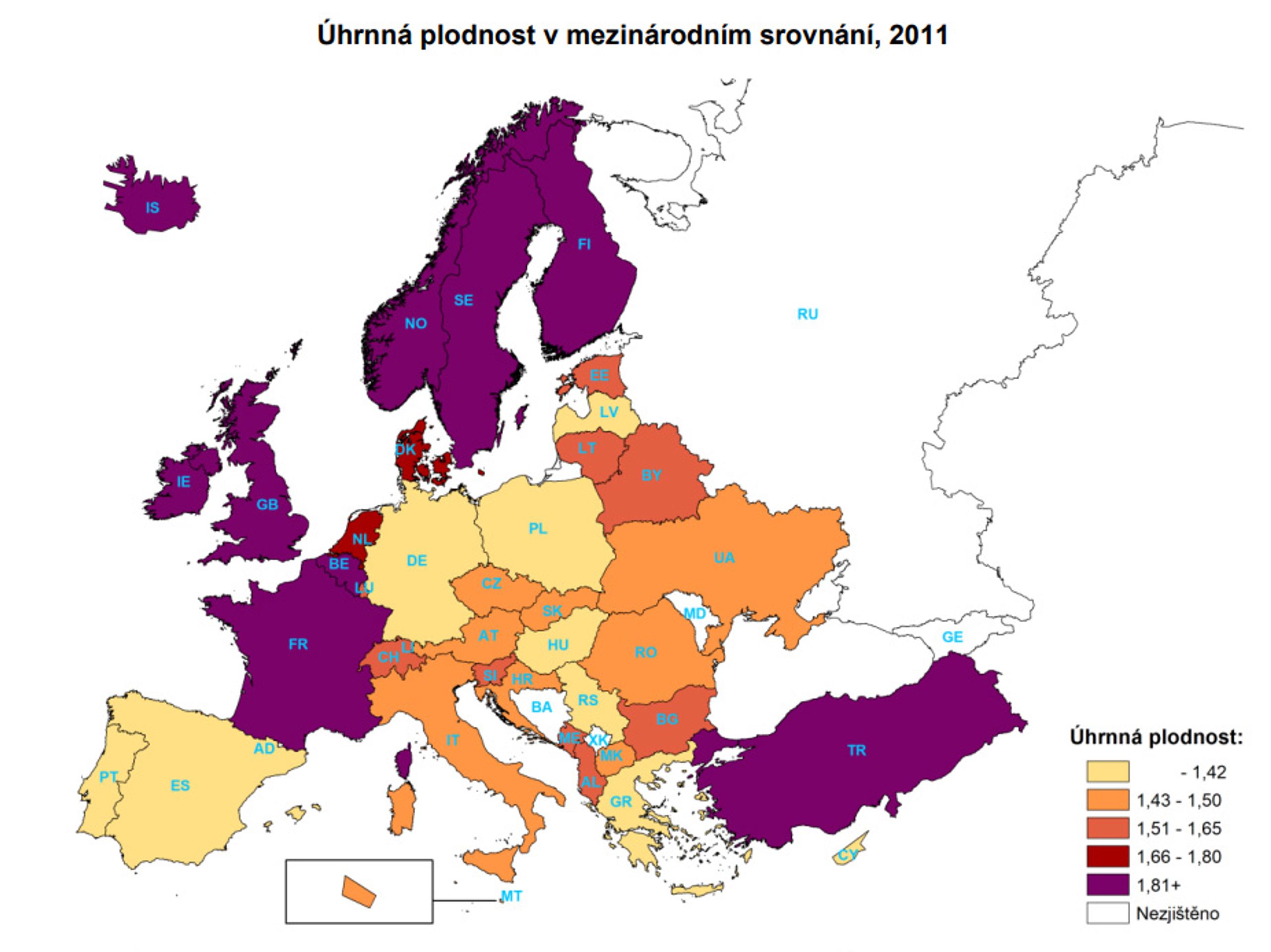 Graf - Úhrnná plodnost v mezinárodním srovnání - Plodnost vzrostla (2/6)