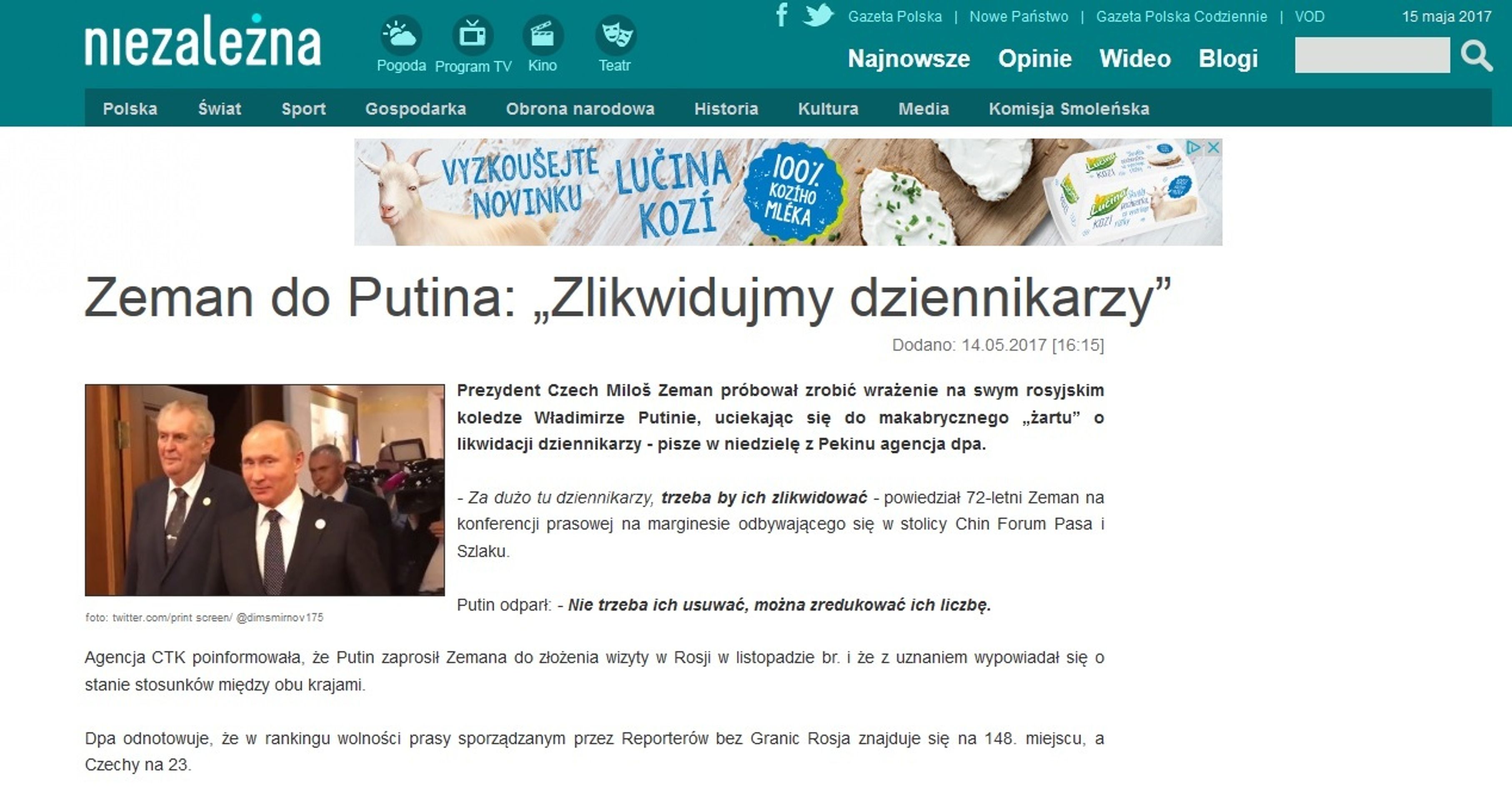 Světová média: Zeman žertoval s Putinem o likvidaci novinářů - 4 - GALERIE: Světová média informují o Zemanově žertu s likvidací novinářů (7/10)