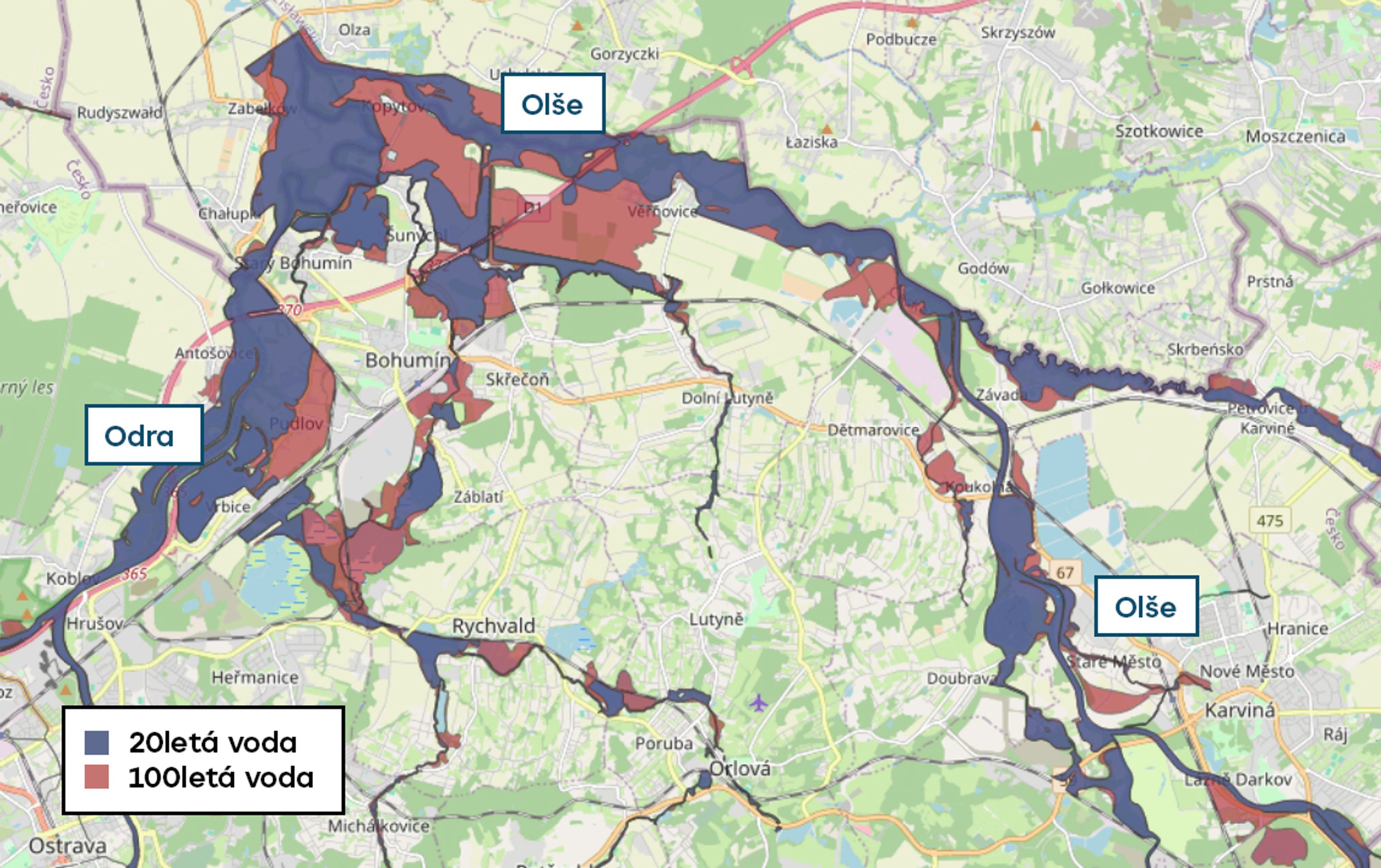 Povodňové mapy - Odra, Olše - 20letá a 100letá voda (9/20)