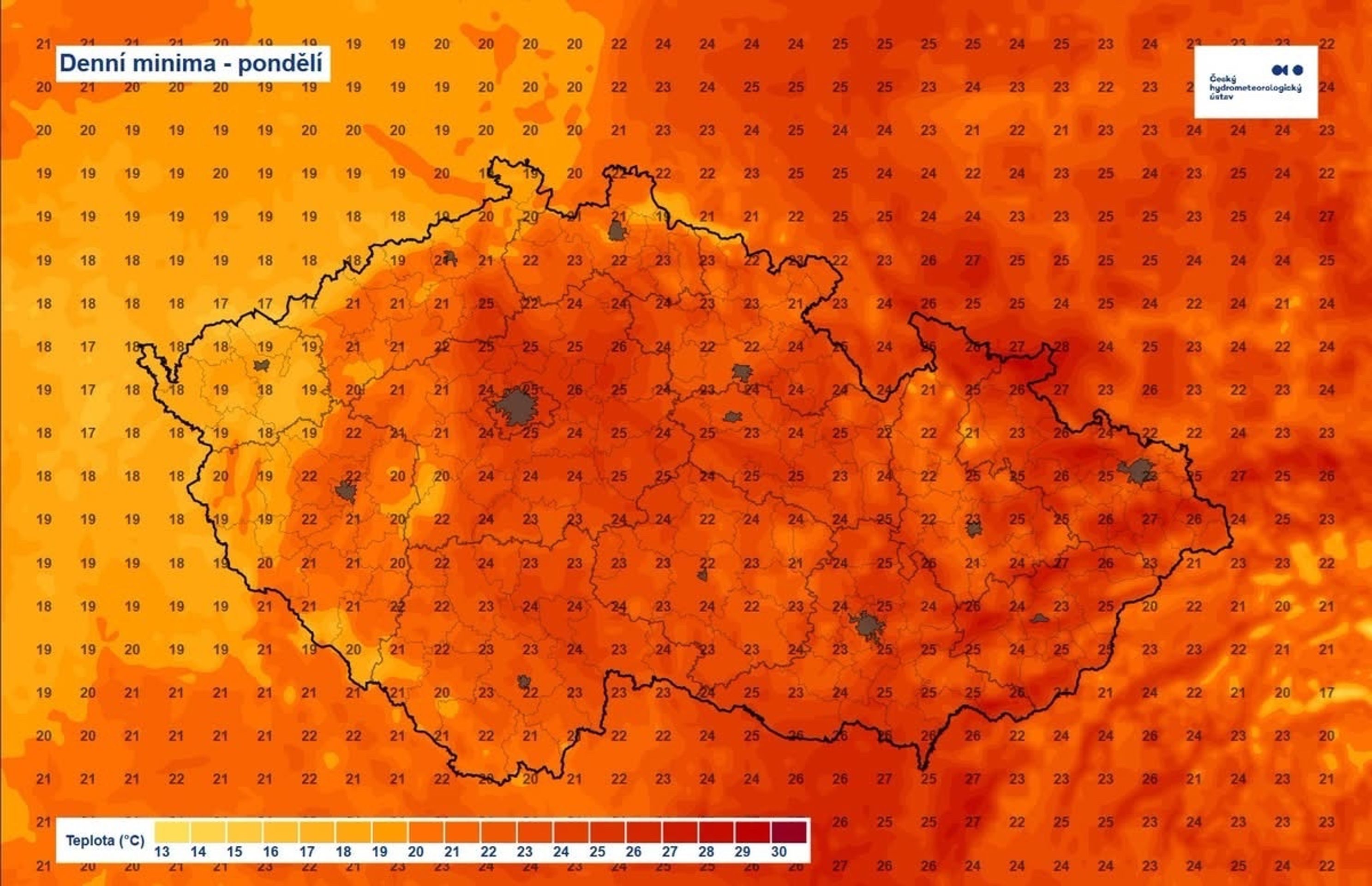 Denní minima na pondělí - Mapy ČHMÚ (2/2)