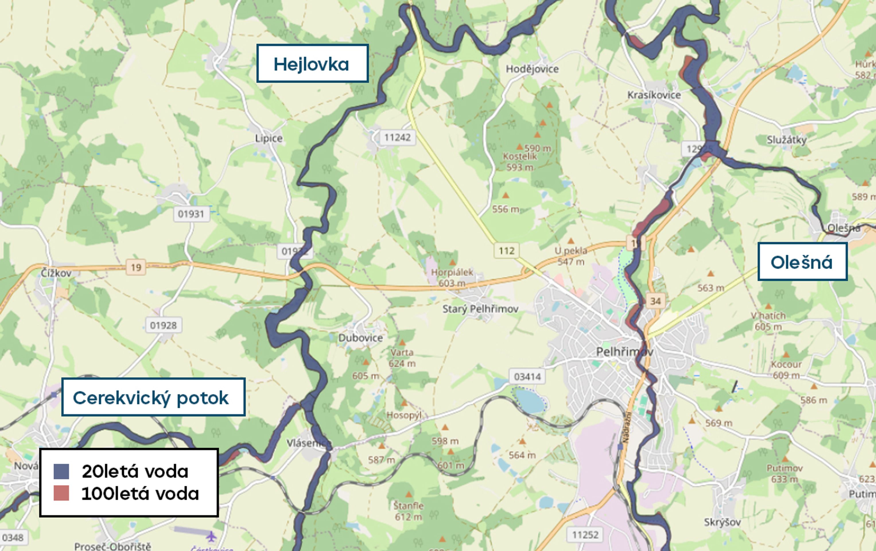 Povodňové mapy - Pelhřimov - 20letá a 100letá voda (14/20)