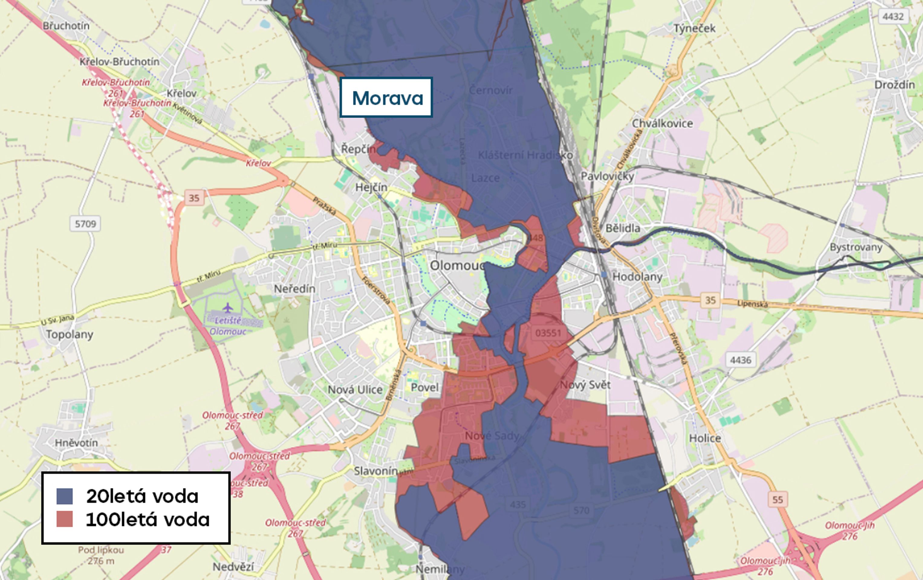 Povodňové mapy - Olomouc - 20letá a 100letá voda (11/20)