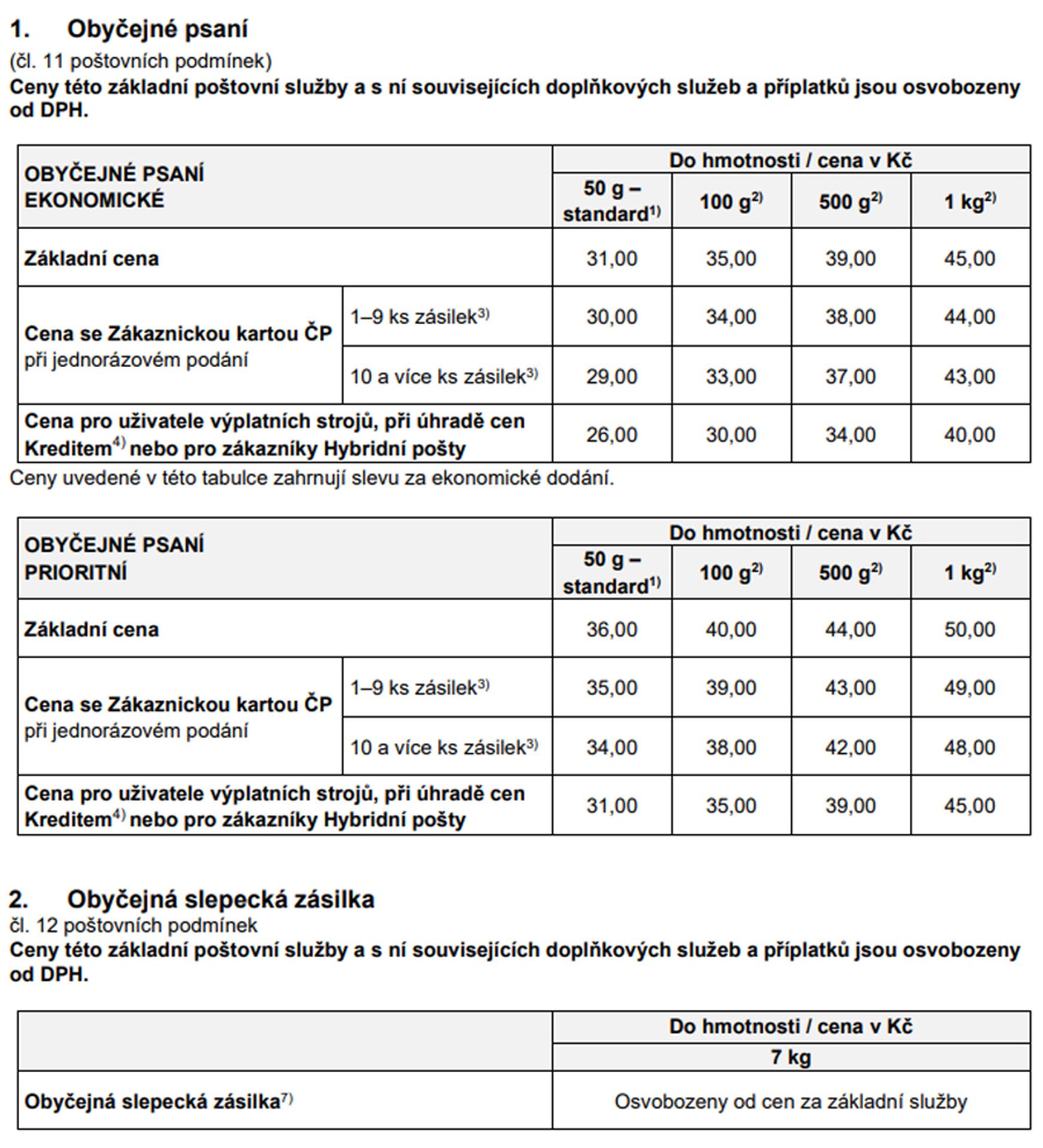 Obyčejné psaní - Ceník poštovních služeb od 1. 2. 2025 (1/10)