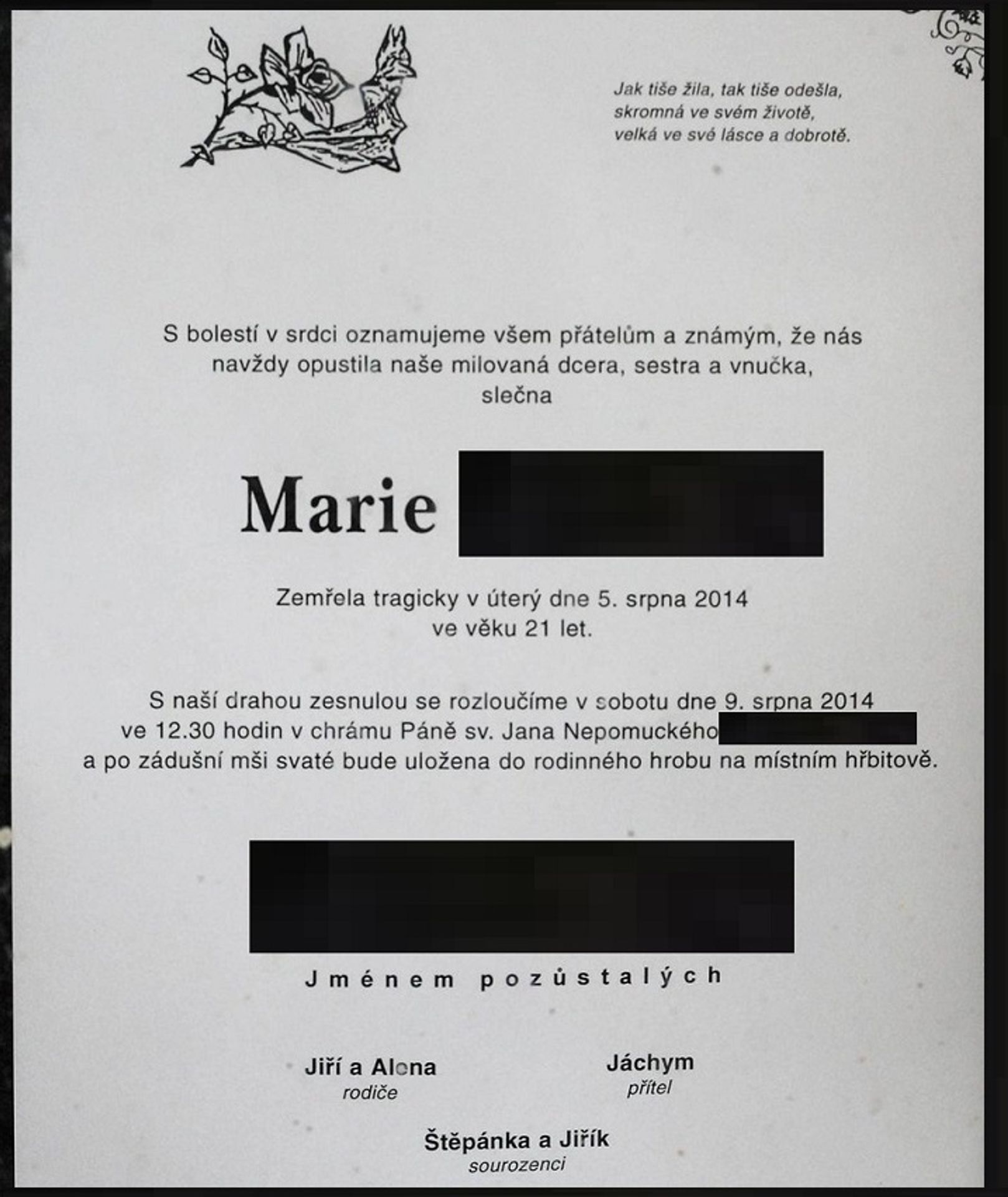 Parte zabité Marušky Č. - Pohřeb Marie, kterou zabilo černé BMW (7/9)