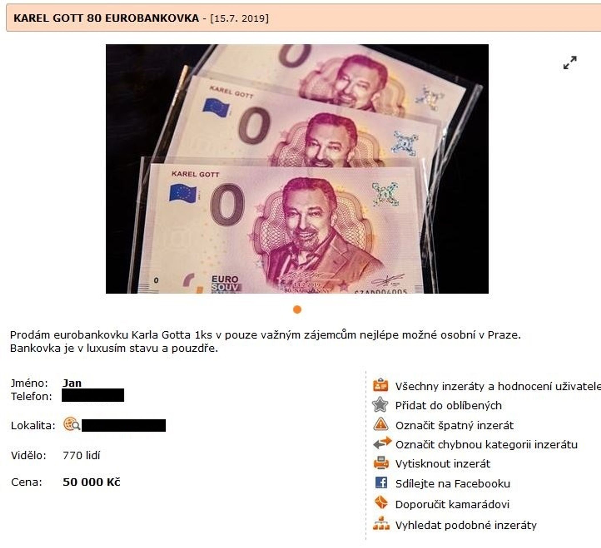 Bankovky s Karlem Gottem se prodávají za desítky tisíc - 3 - GALERIE: Výběr nejdražších inzerátů bankovek s Karlem Gottem (4/6)