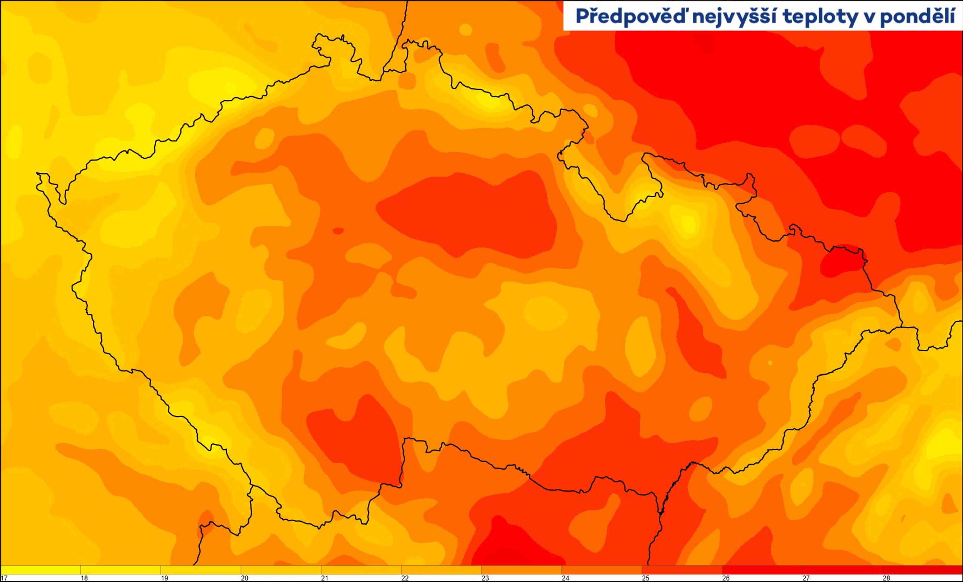 Předpověď nejvyšší teploty v pondělí - Předpověď počasí na dnešní den (2/3)