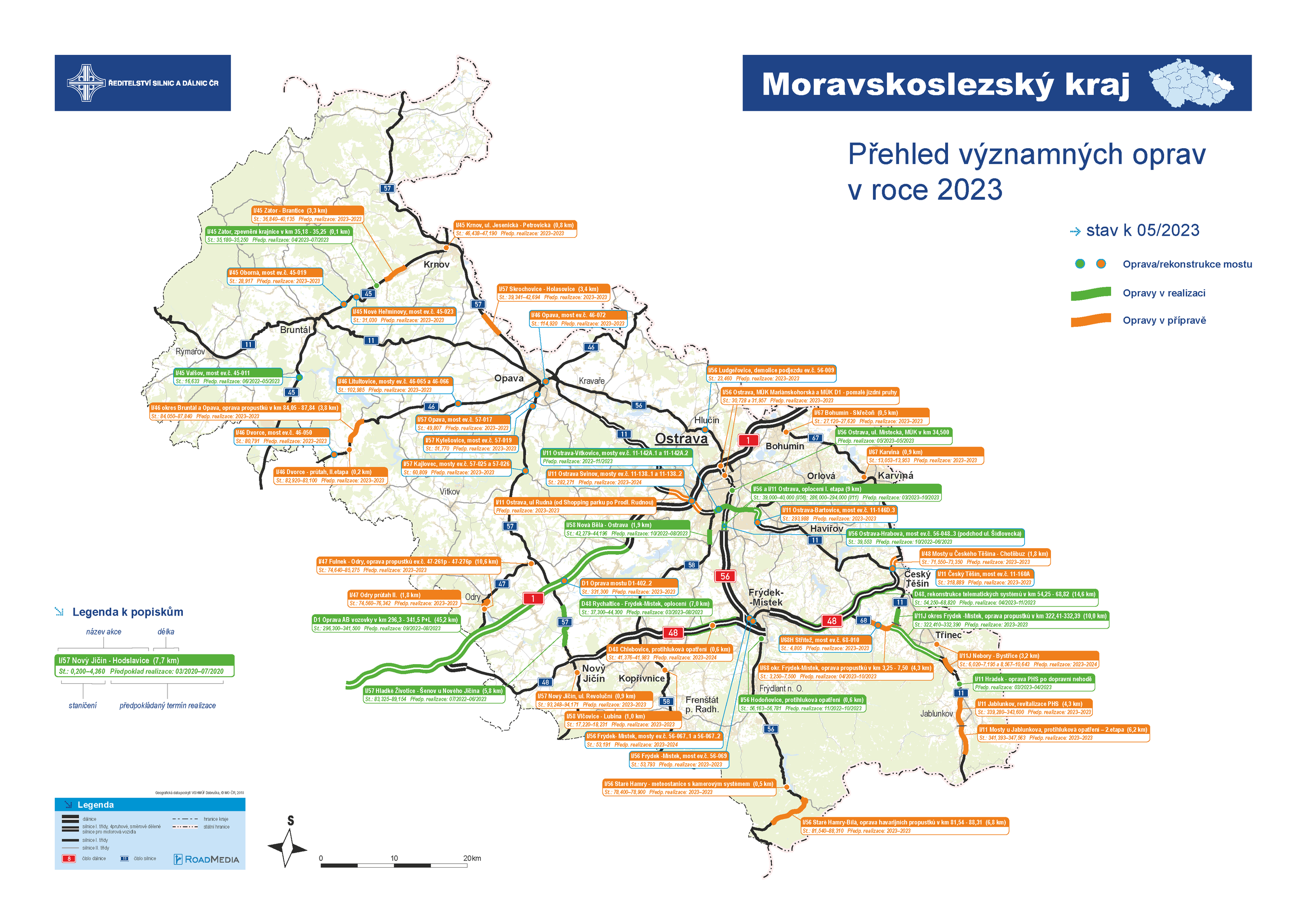 Mapa oprav Moravskoslezský kraj - Mapa oprav v roce 2023 (13/14)