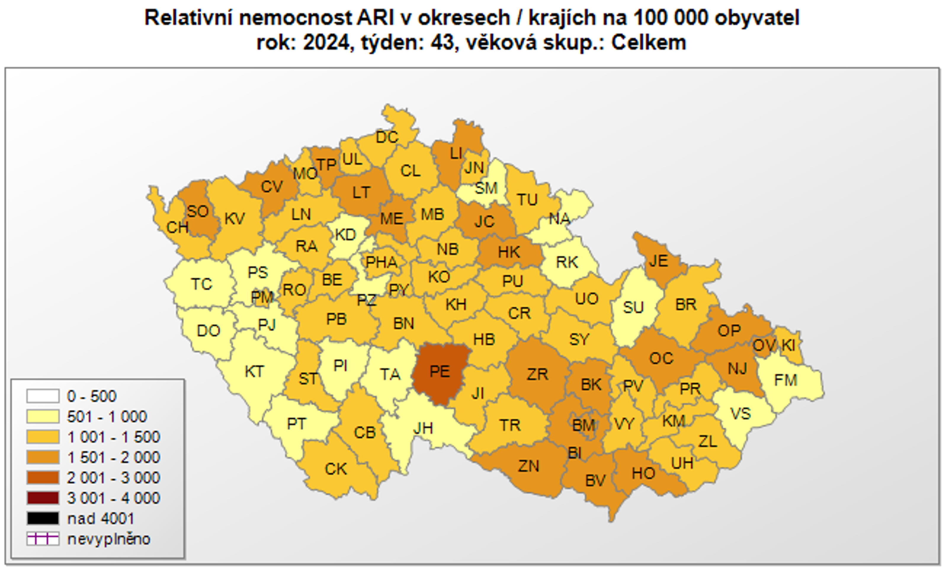 Nemocnost s akutními respiračními onemocněními v okresech, 43. týden 2024 - Respirační nemoci, 43. týden 2024 (4/4)