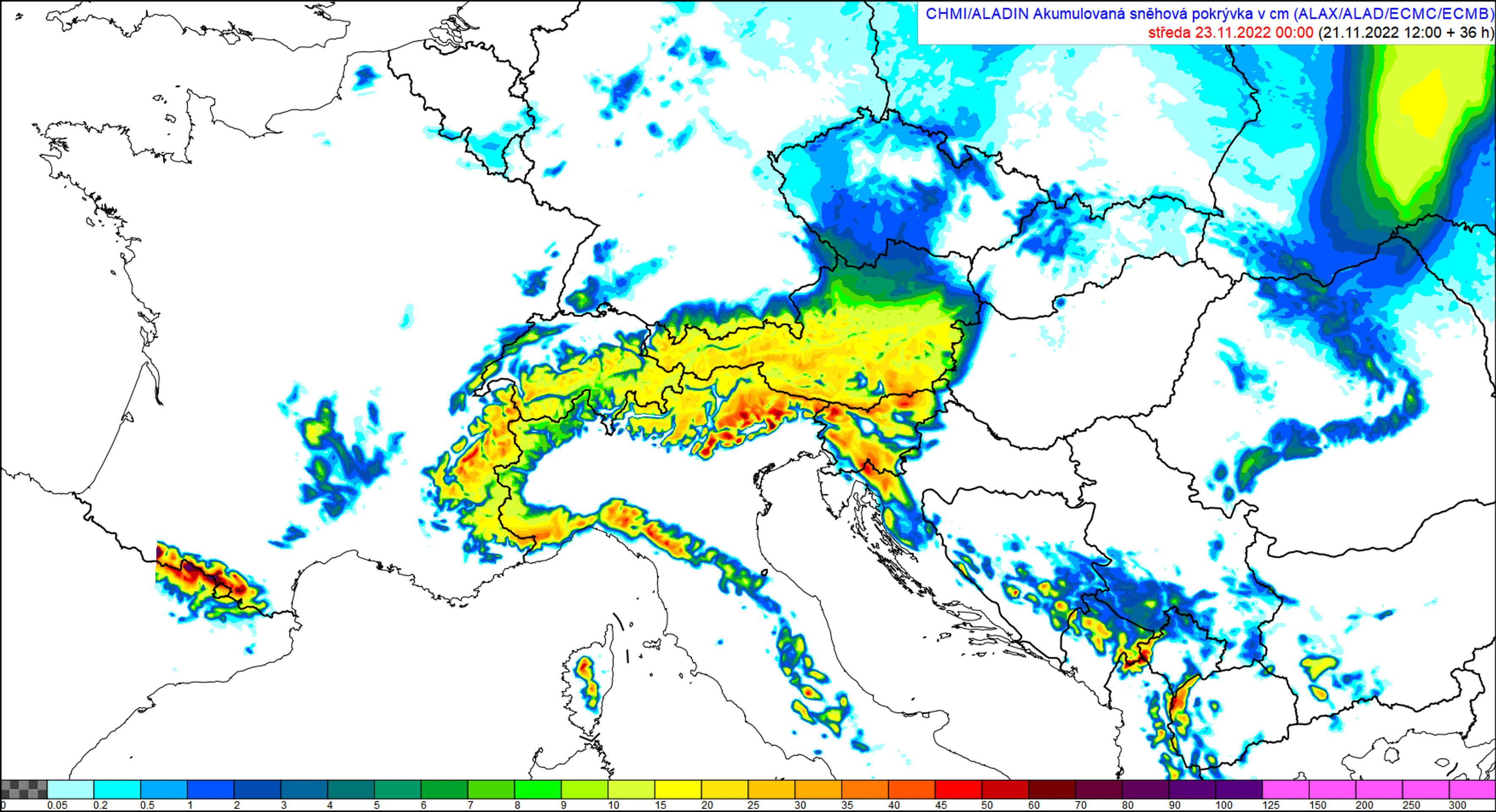 Nový sníh v cm za 24 hodin (úterý 0 až 24 h) dle modelu ALADIN - Mapy ČHMÚ (3/4)