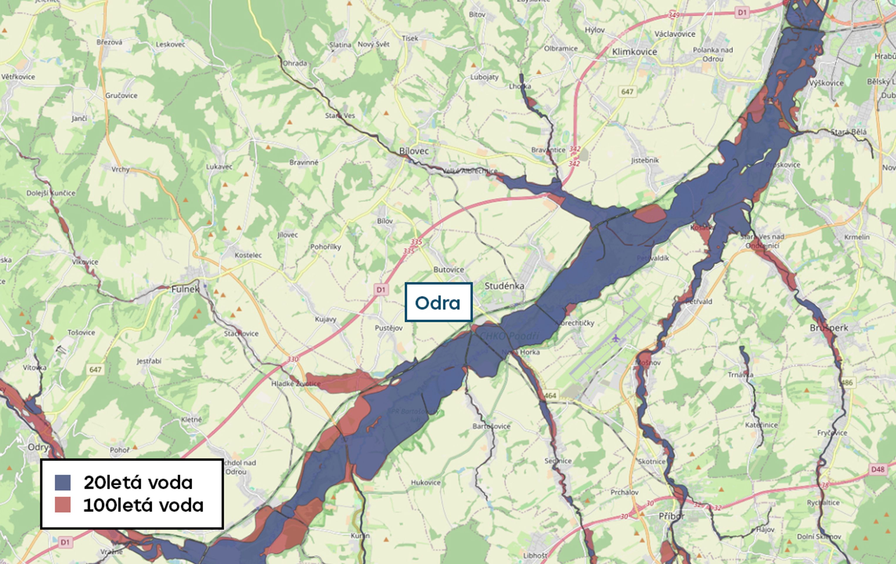 Povodňové mapy - Odra - 20letá a 100letá voda (10/20)