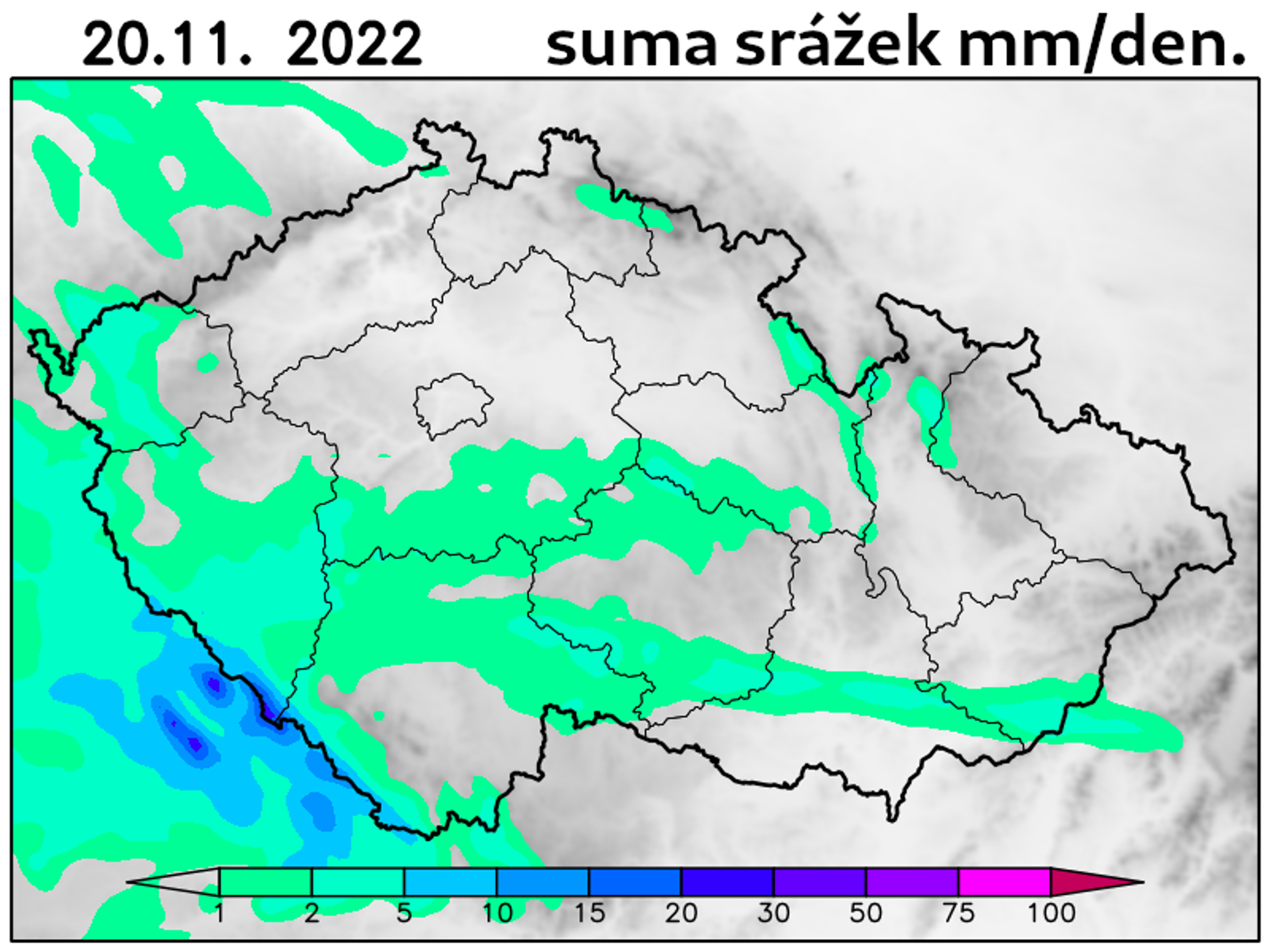Mapa srážek 20. 11. - Výstraha a mapy srážek na víkend 19. a 20. 11. (4/4)