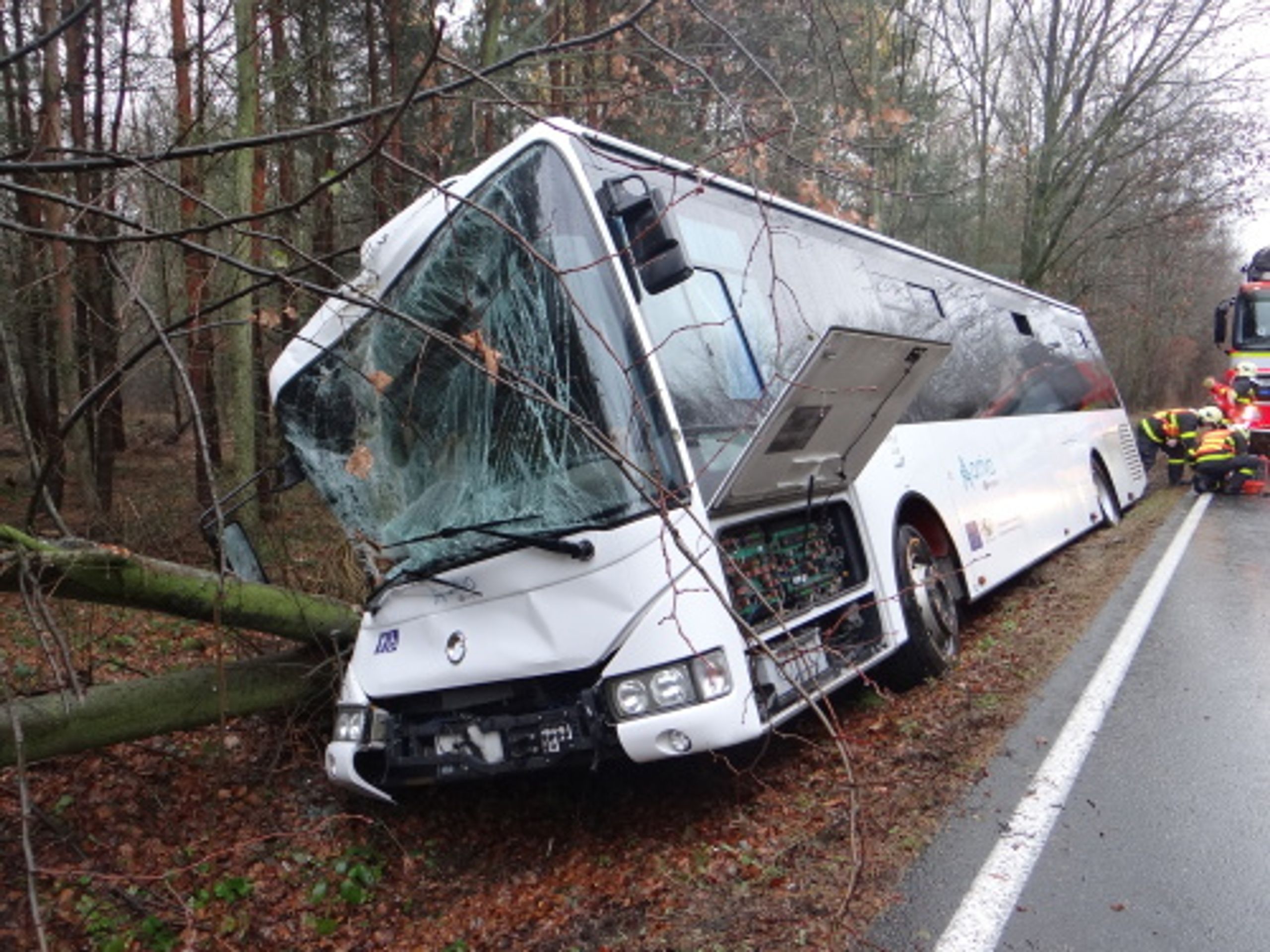 Autobus v příkopu na Opavsku vyprošťovali hasiči - 1 - GALERIE: Autobus na Opavsku vyprošťovali z příkopu hasiči (20/20)