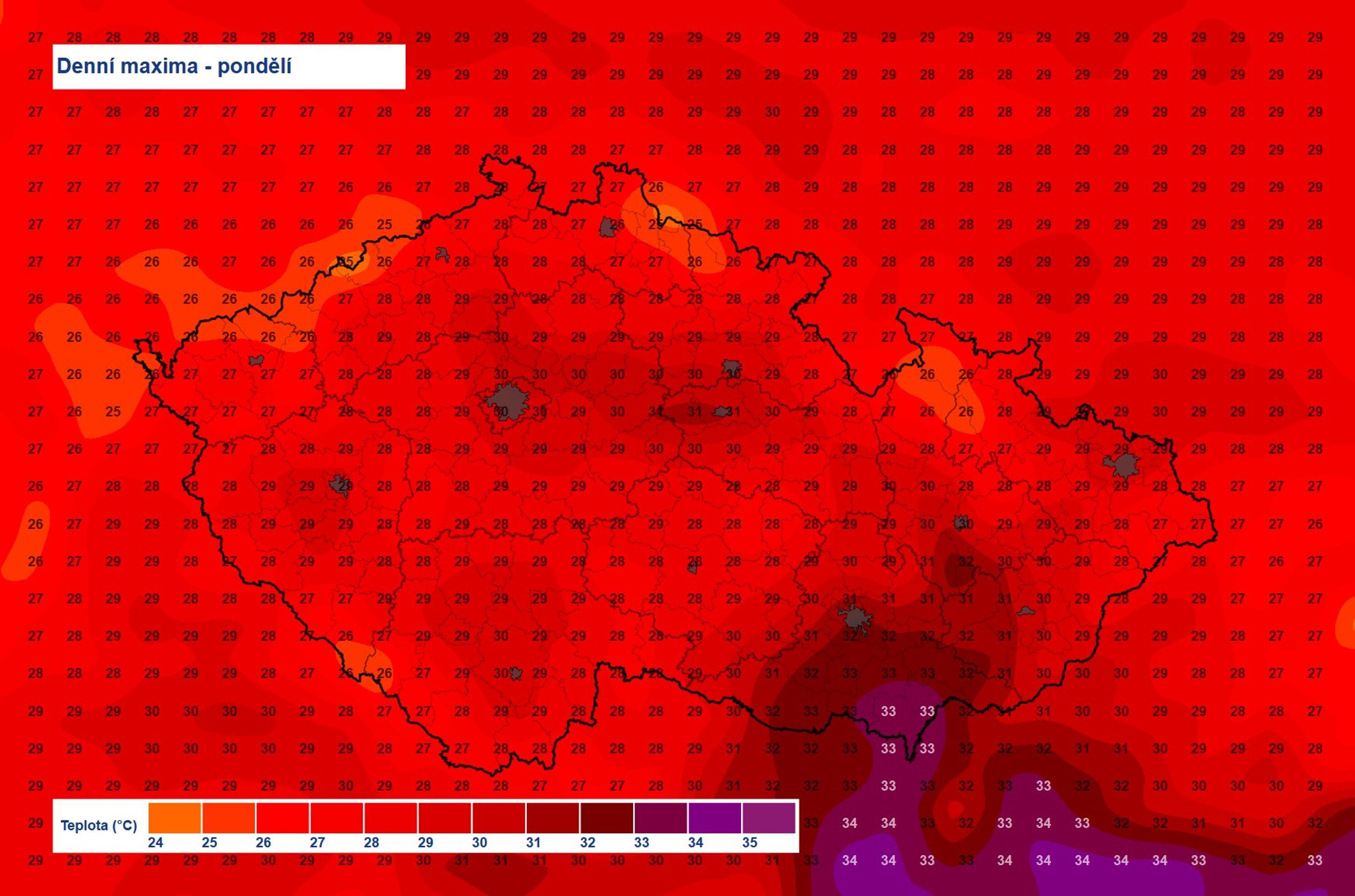 Denní maxima v pondělí  - Výstraha, denní maxima a radarový odhad srážek (3/4)